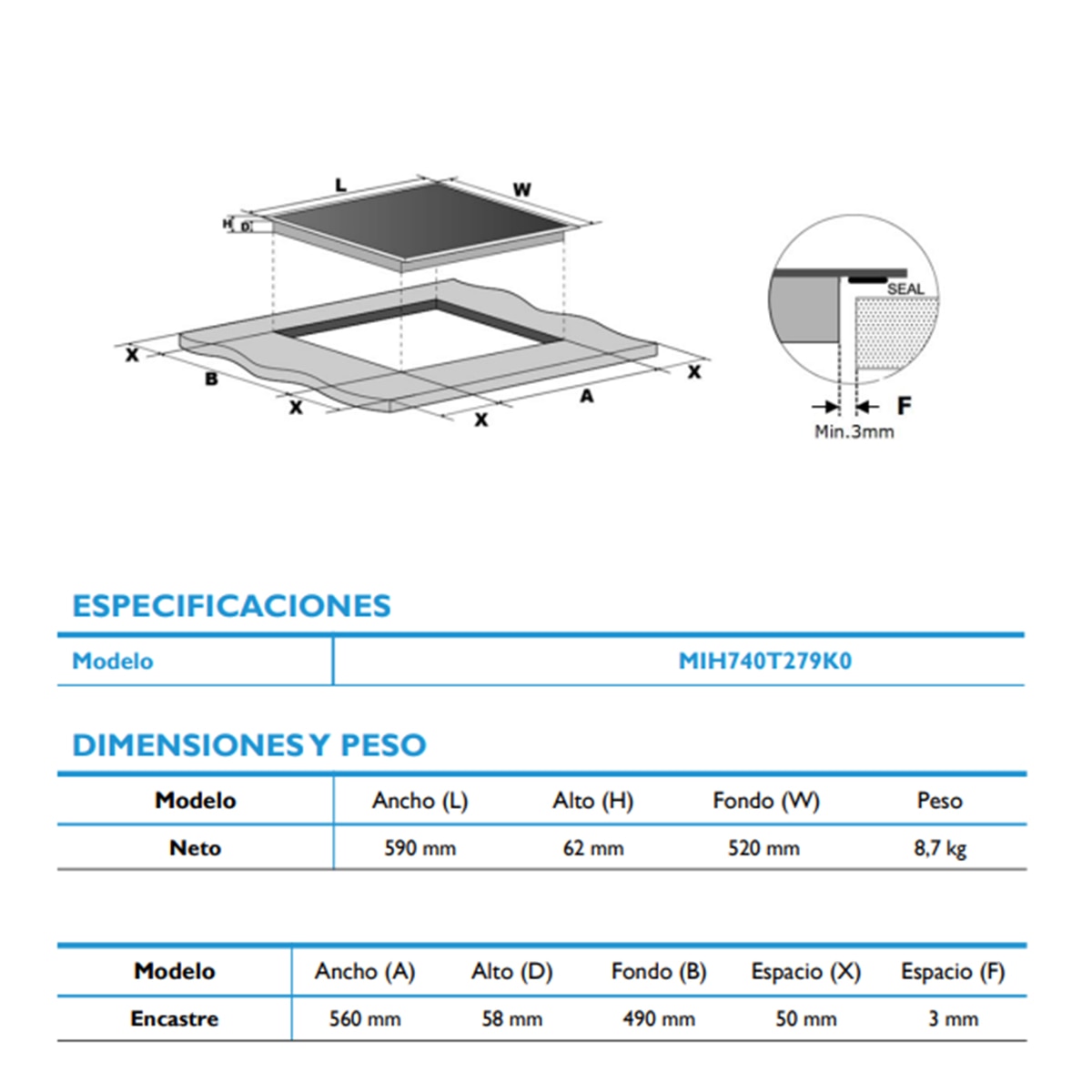 Placa inducción Midea con 3 zonas de cocción, Zona Gigante - MIH740T279K0 Cristal negro-3