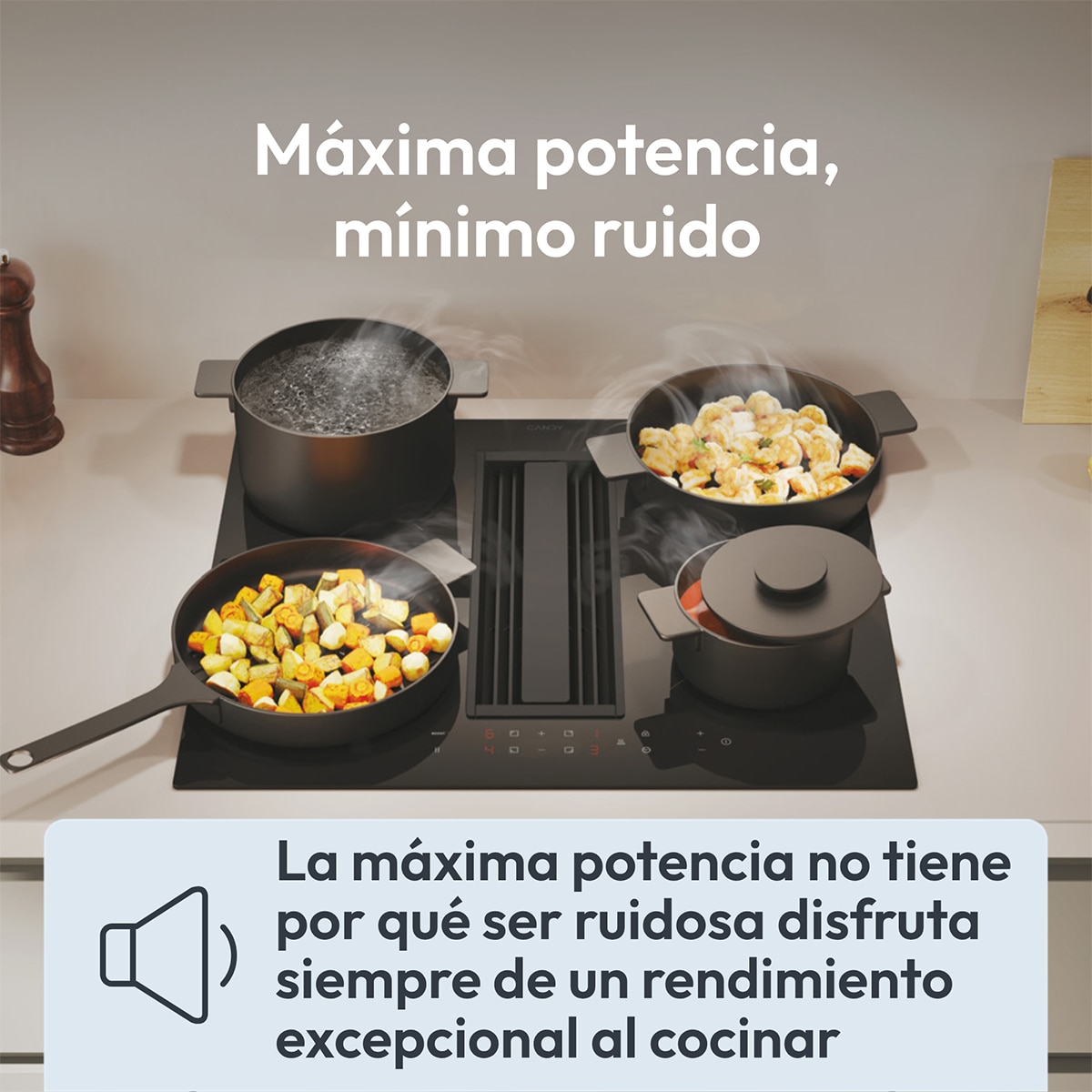 Placa de Inducción Candy con extractor integrado, 4 Zonas de Cocción, Cook - CIH8I4CF Negro-2