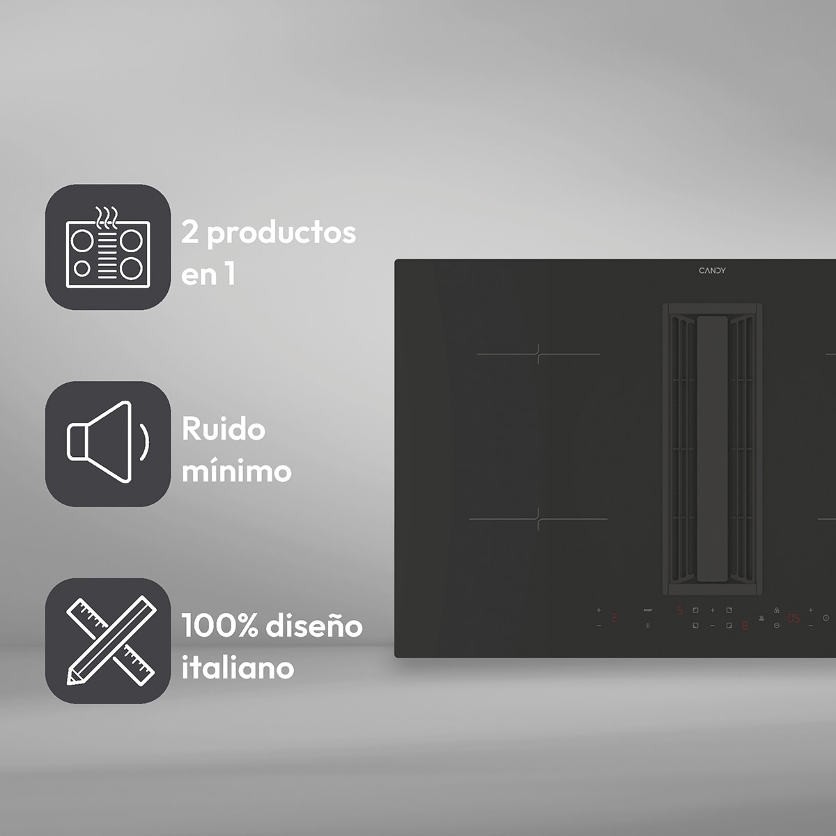 Placa de Inducción Candy con extractor integrado, 4 Zonas de Cocción, Cook - CIH8I4CF Negro-4