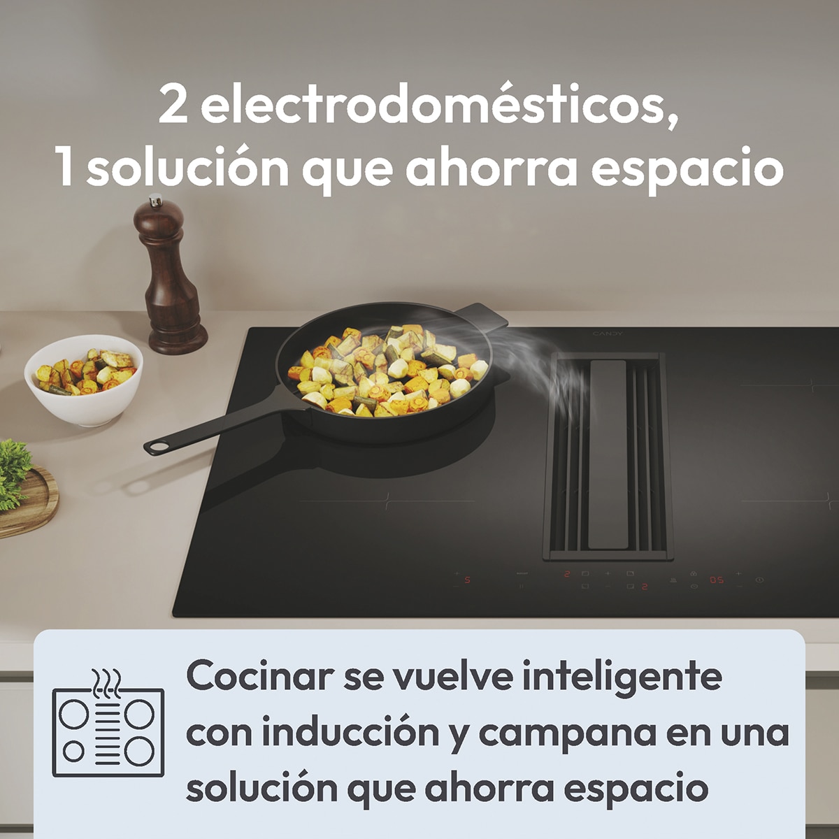 Placa de Inducción Candy con extractor integrado, 4 Zonas de Cocción, Cook - CIH8I4CF Negro-6