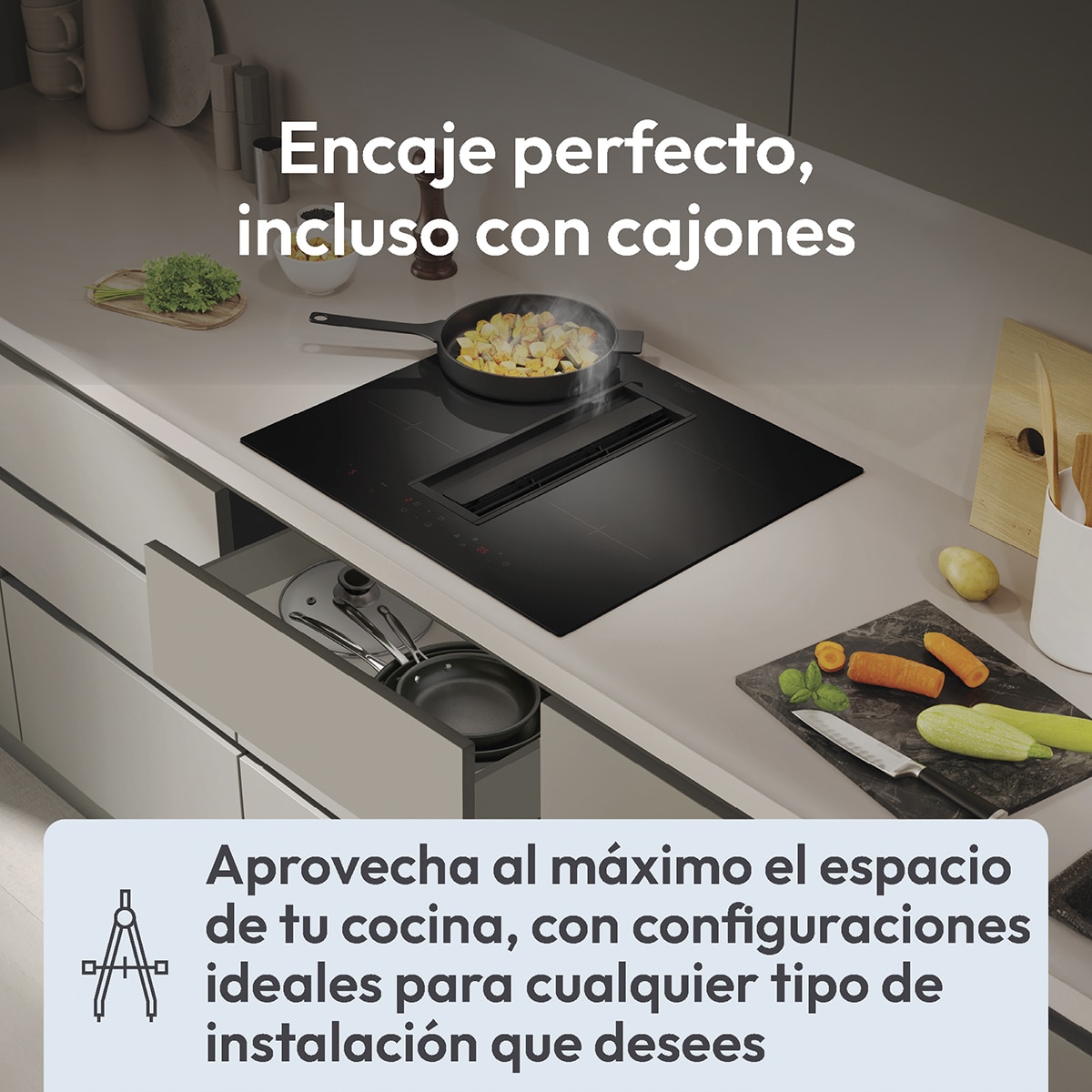 Placa de Inducción Candy con extractor integrado, 4 Zonas de Cocción, Cook - CIH8I4CF Negro-13