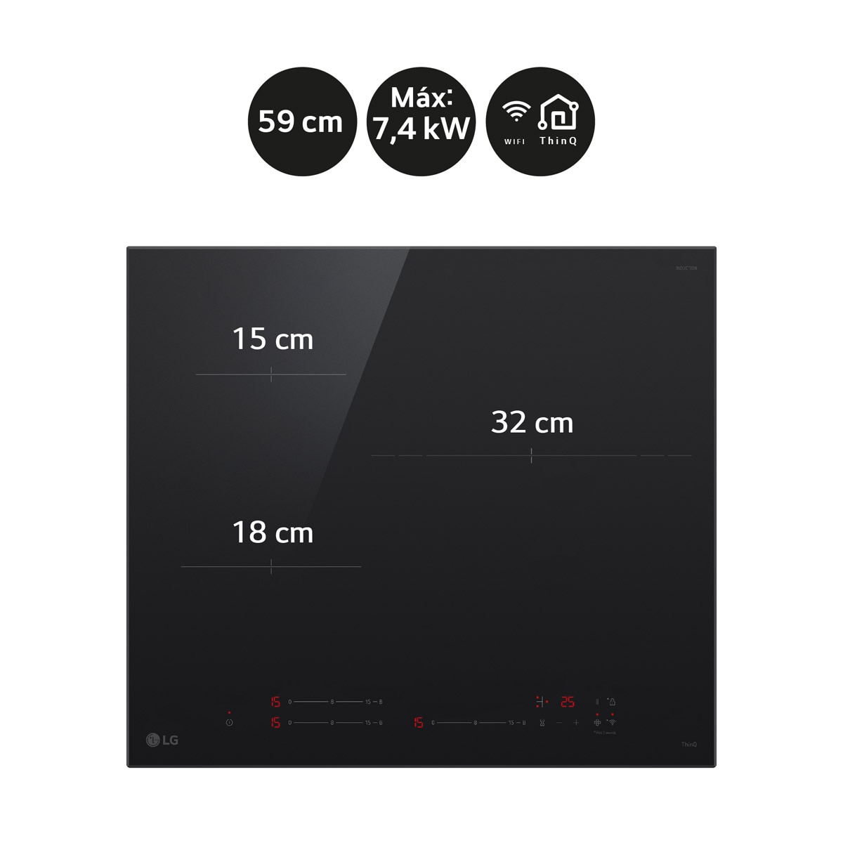 Placa de inducción LG con 2 zonas y 1 gigante 32 cm, 59 cm - CI5Z2421BN Cristal negro-4