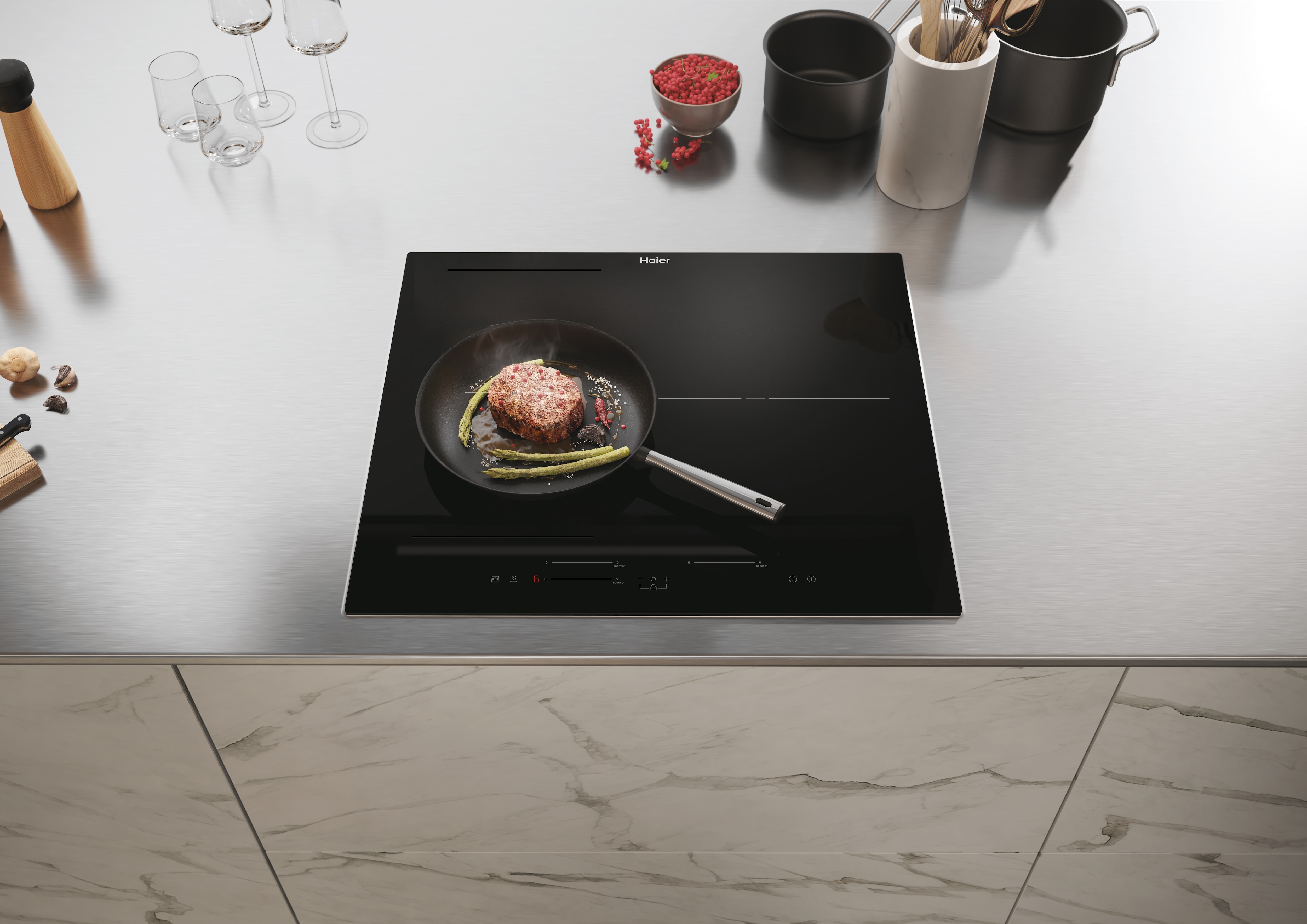 Placa de inducción Haier, 3 zonas + Zona Flex, 9 niveles de potencia - HAIS63MC/G3 Negro-4