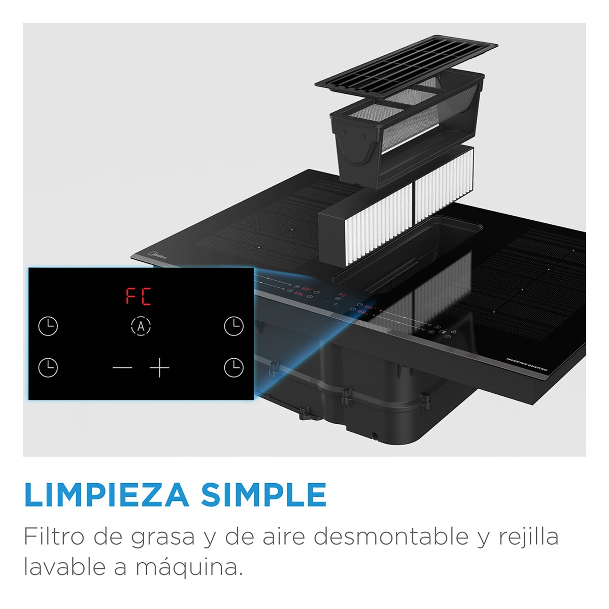 Placa Induccion Midea con extractor integrado y 2 zonas flex - MIH740Y078B Negro-10