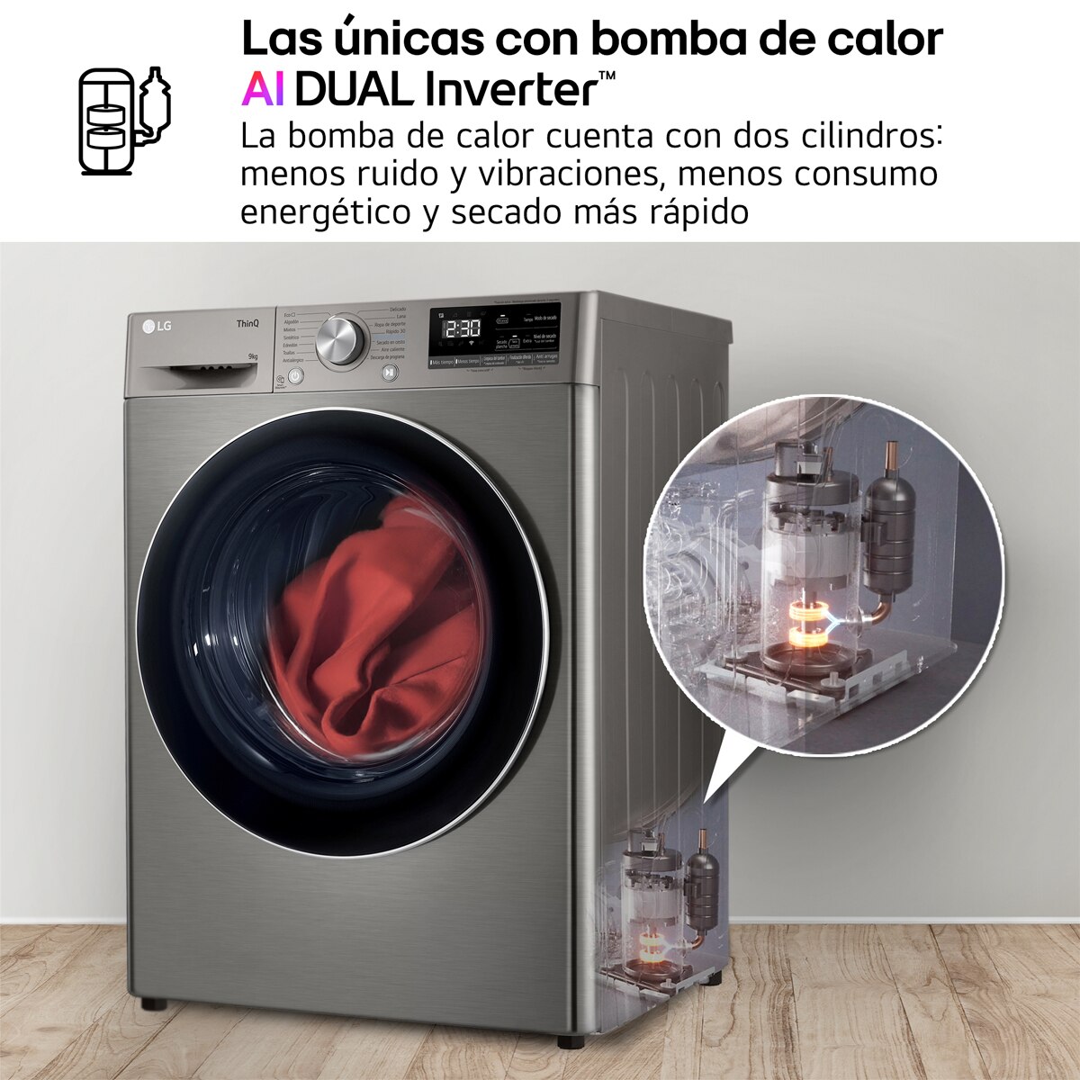 Secadora LG 9 kg Condensación, Bomba de calor - RH90V9PV2N Inox antihuellas-6