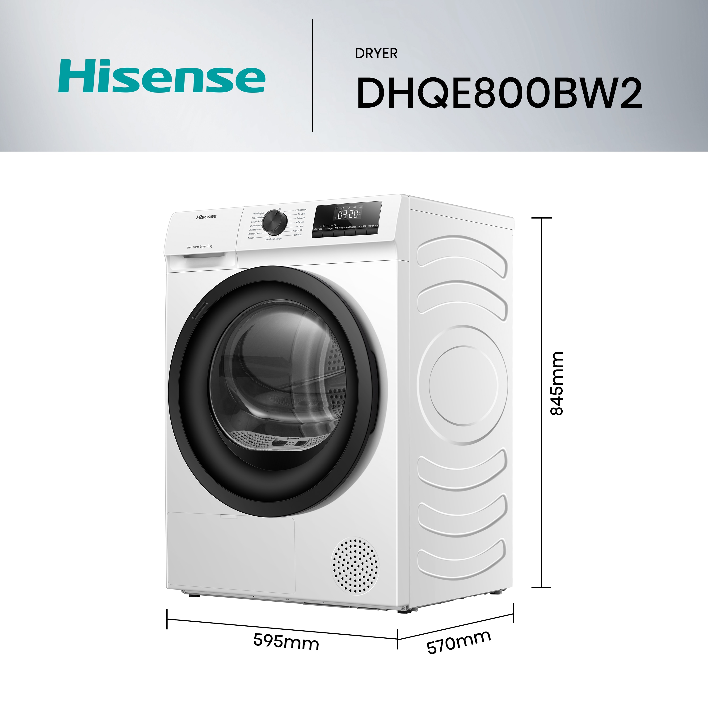 Secadora Hisense 8 kg, condensación Serie 1Q - DHQE800BW2 Blanco-3