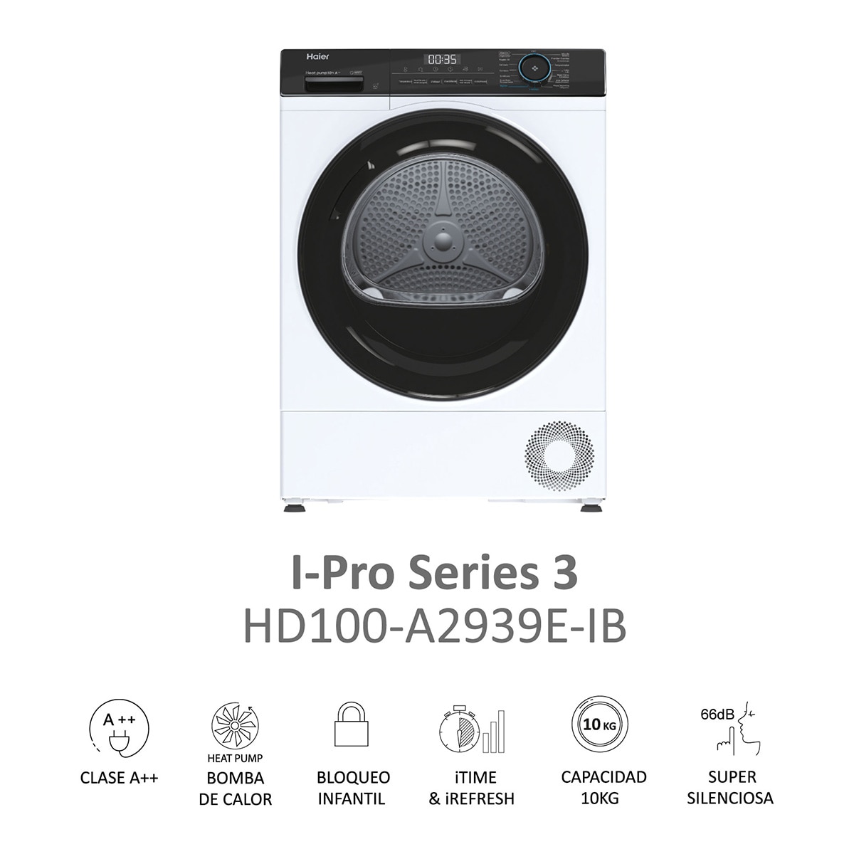 Secadora Haier 10 Kg Bomba de Calor I-Pro Series 3 - HD100-A2939E-IB Blanco-3