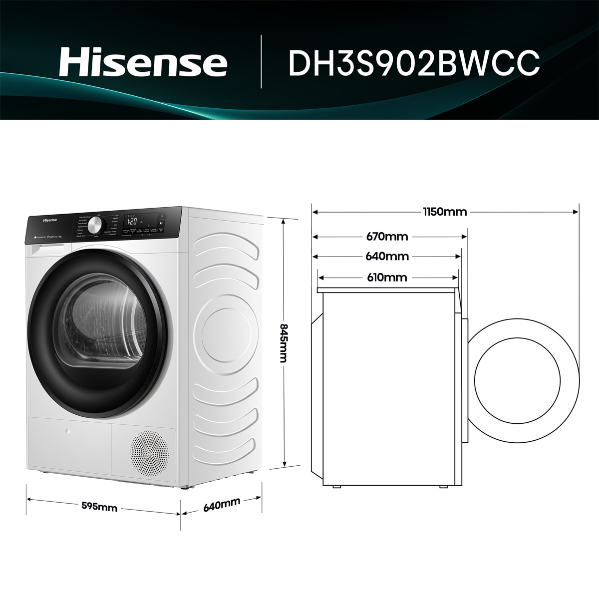 Secadora Hisense 9 kg, Bomba de calor  - DH3S902BWCC Negro-2