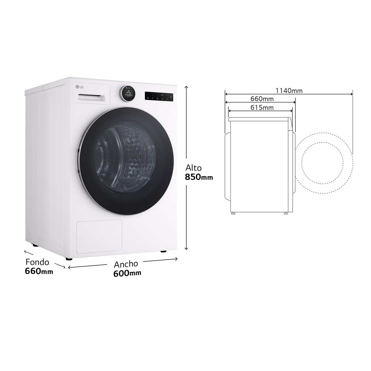 Imagen 2 de Secadora LG 9 kg, Condensación, Bomba de calor con Inteligencia artificial, Dual Inverter - RHX7009TWS - Blanco Blanco