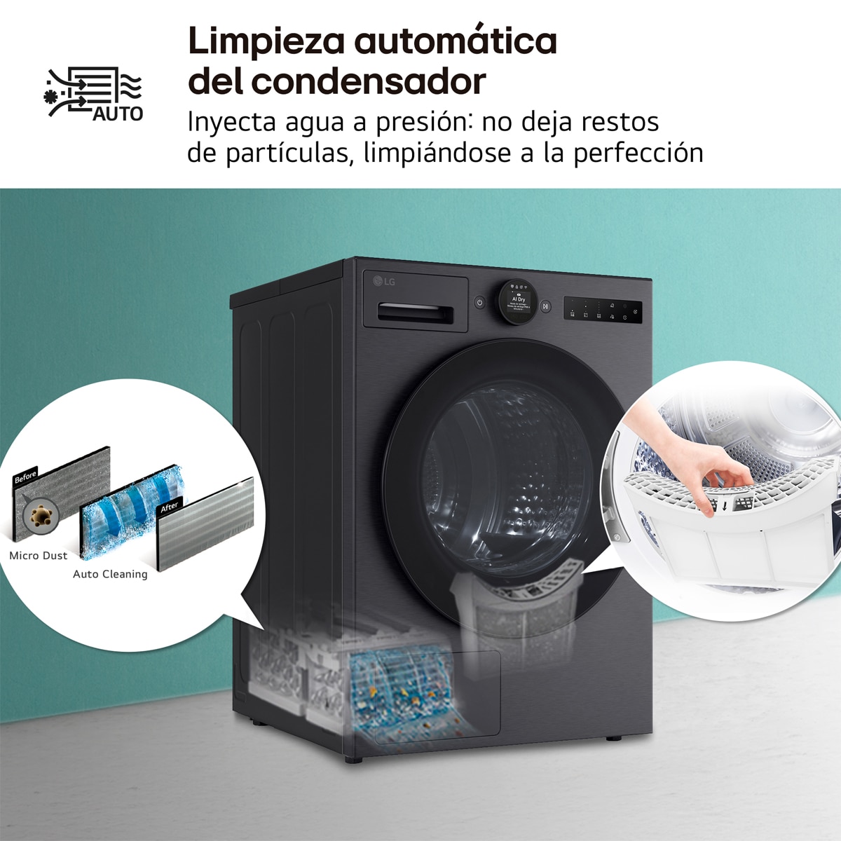 Secadora LG 9 kg, Condensación, Bomba de calor con Inteligencia artificial, Dual Inverter - RHX7009TBB Acero negro-11