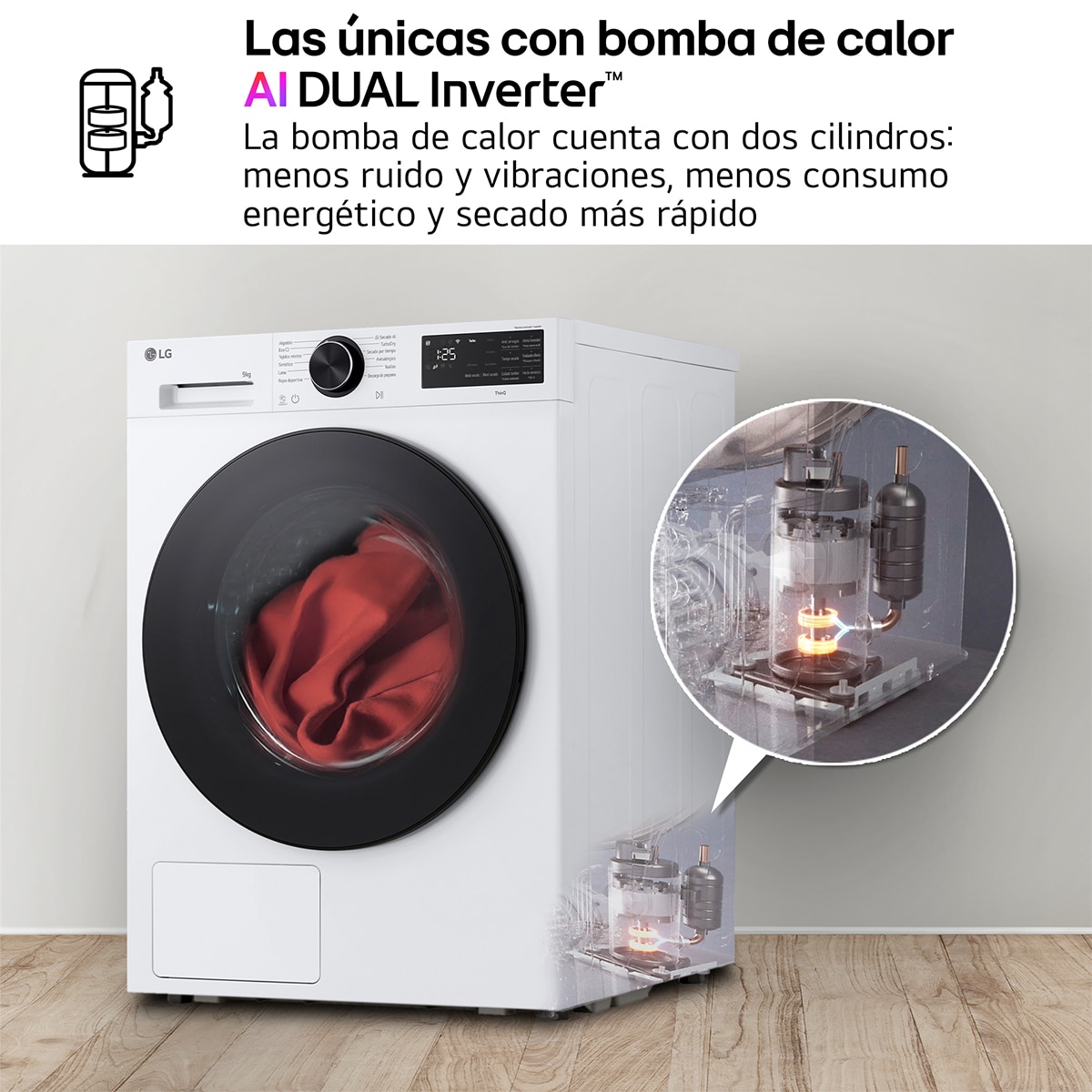 Secadora con bomba de calor LG RHX5010TLB, 10 kg, clase C, 108 kWh/100 ciclos, 62 dB, Dual Inverter, Wi-Fi ThinQ, blanco - imagen 3