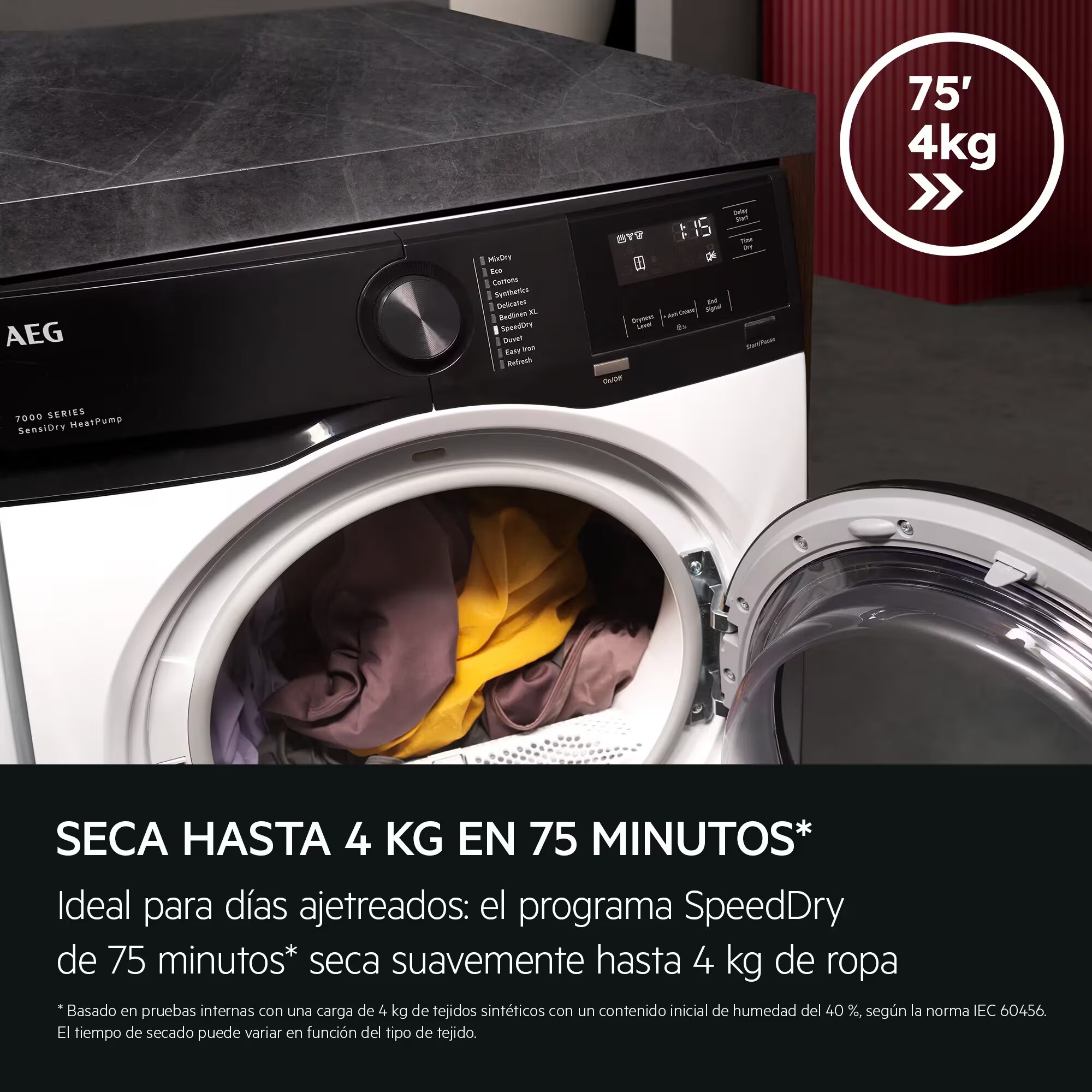 Imagen 6 de Secadora AEG 8 Kg ,Bomba de calor, Ciclo rápido, Ahorro tiempo, Serie 7000 - TE7G8CBOB - Negro Negro