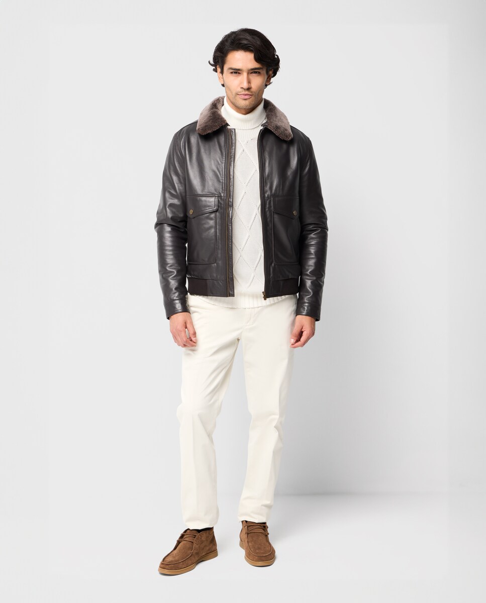 Blusão Piloto em Pele Castanho-claro-4