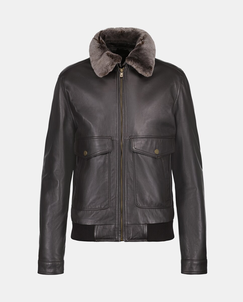 Blusão Piloto em Pele Castanho-claro-5