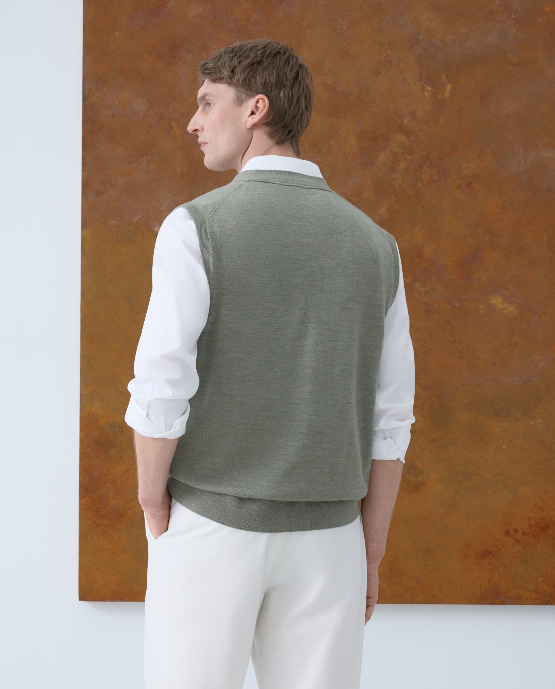 Colete Aberto Liso 100% Lã Merino com Botões Verde-claro-3
