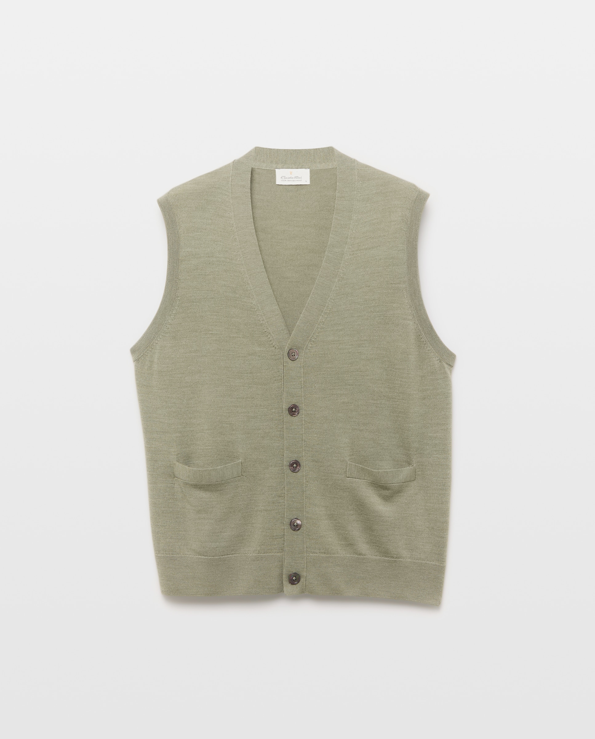 Colete Aberto Liso 100% Lã Merino com Botões Verde-claro-4
