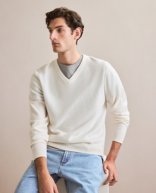 Imagem 0 de Camisola de Malha com Decote em Bico Liso de Caxemira