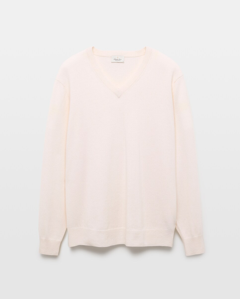 Camisola de Malha com Decote em Bico Liso de Caxemira Cru-4