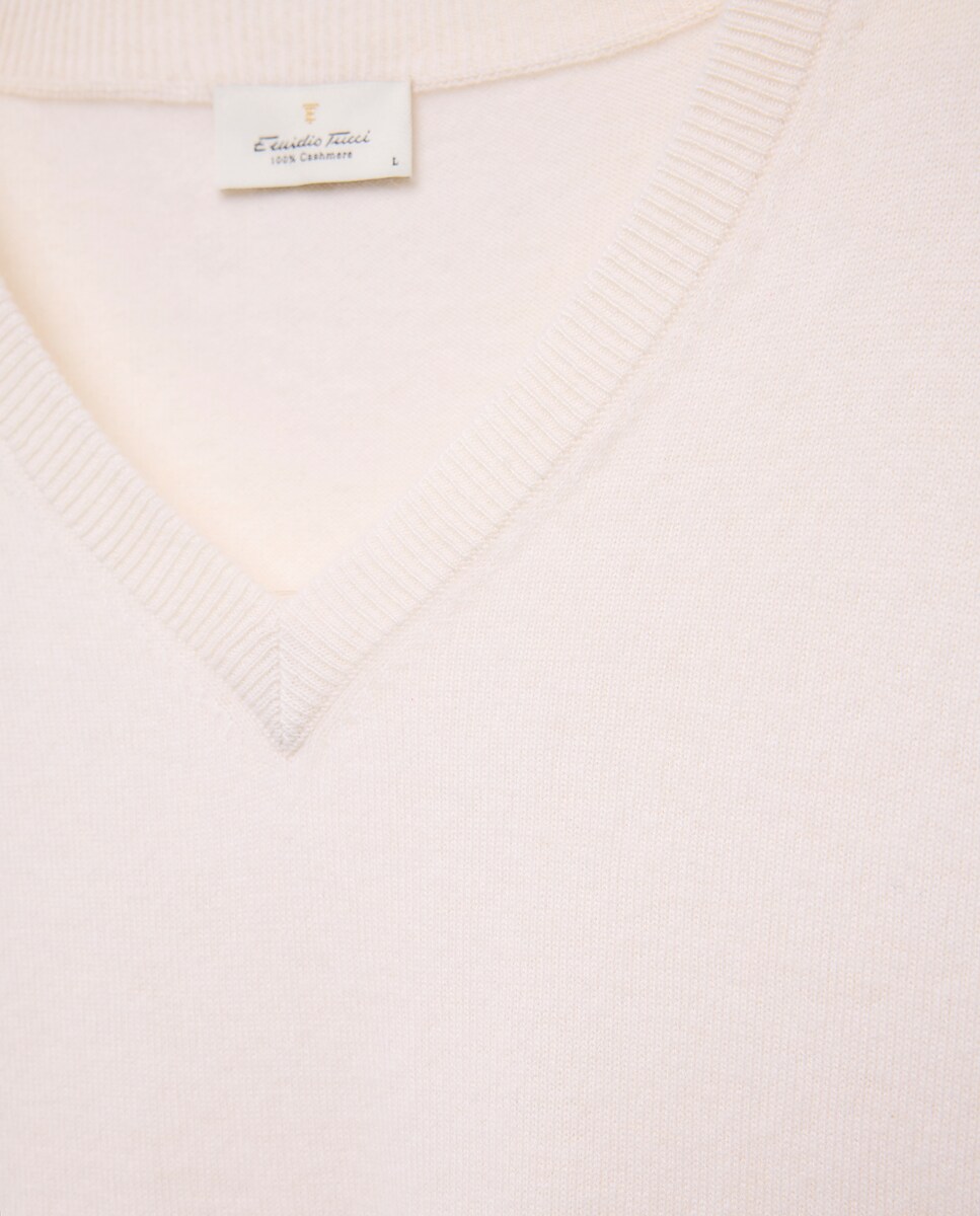 Camisola de Malha com Decote em Bico Liso de Caxemira Cru-5