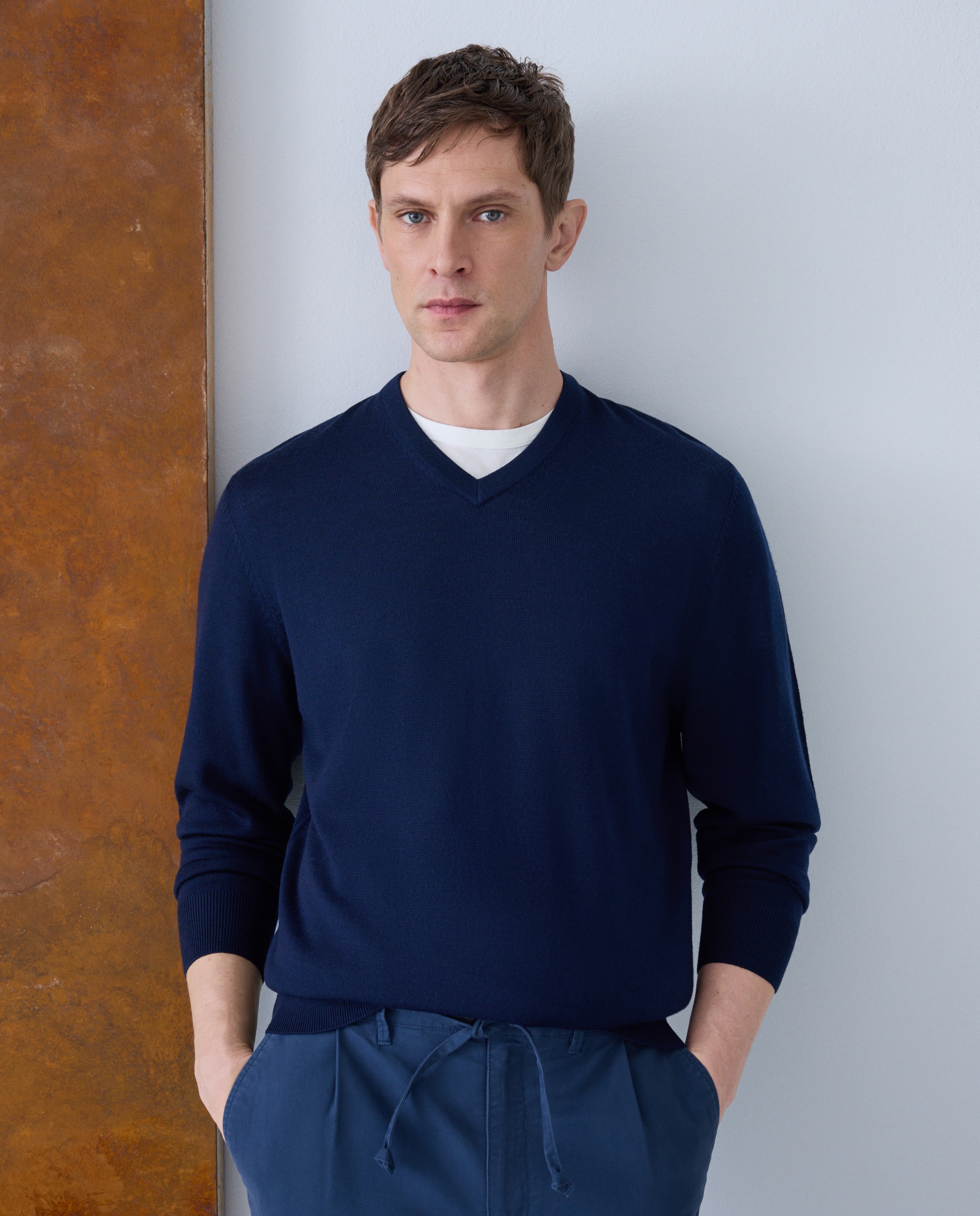 Jersey cuello pico lavable 100% lana merino de hombre - Emidio Tucci - Azul marino Azul marino-1