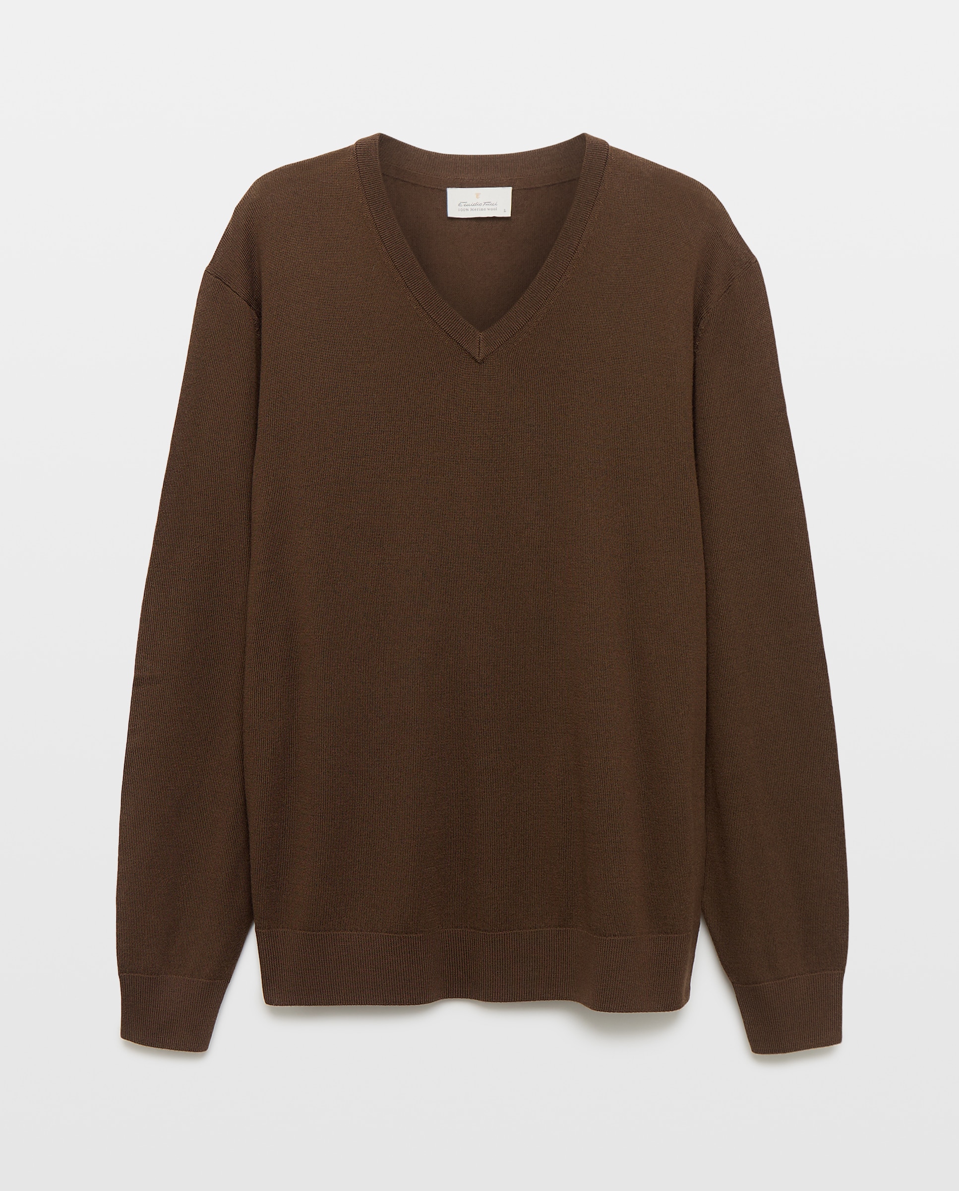 Camisola de Malha Lisa 100% Lã Merino com Decote em Bico Castanho-escuro-4