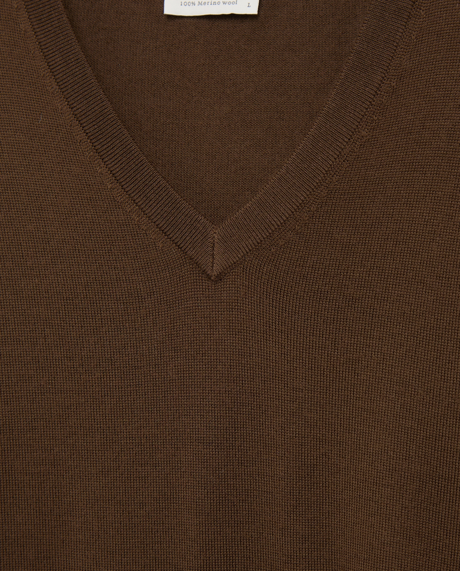 Camisola de Malha Lisa 100% Lã Merino com Decote em Bico Castanho-escuro-5