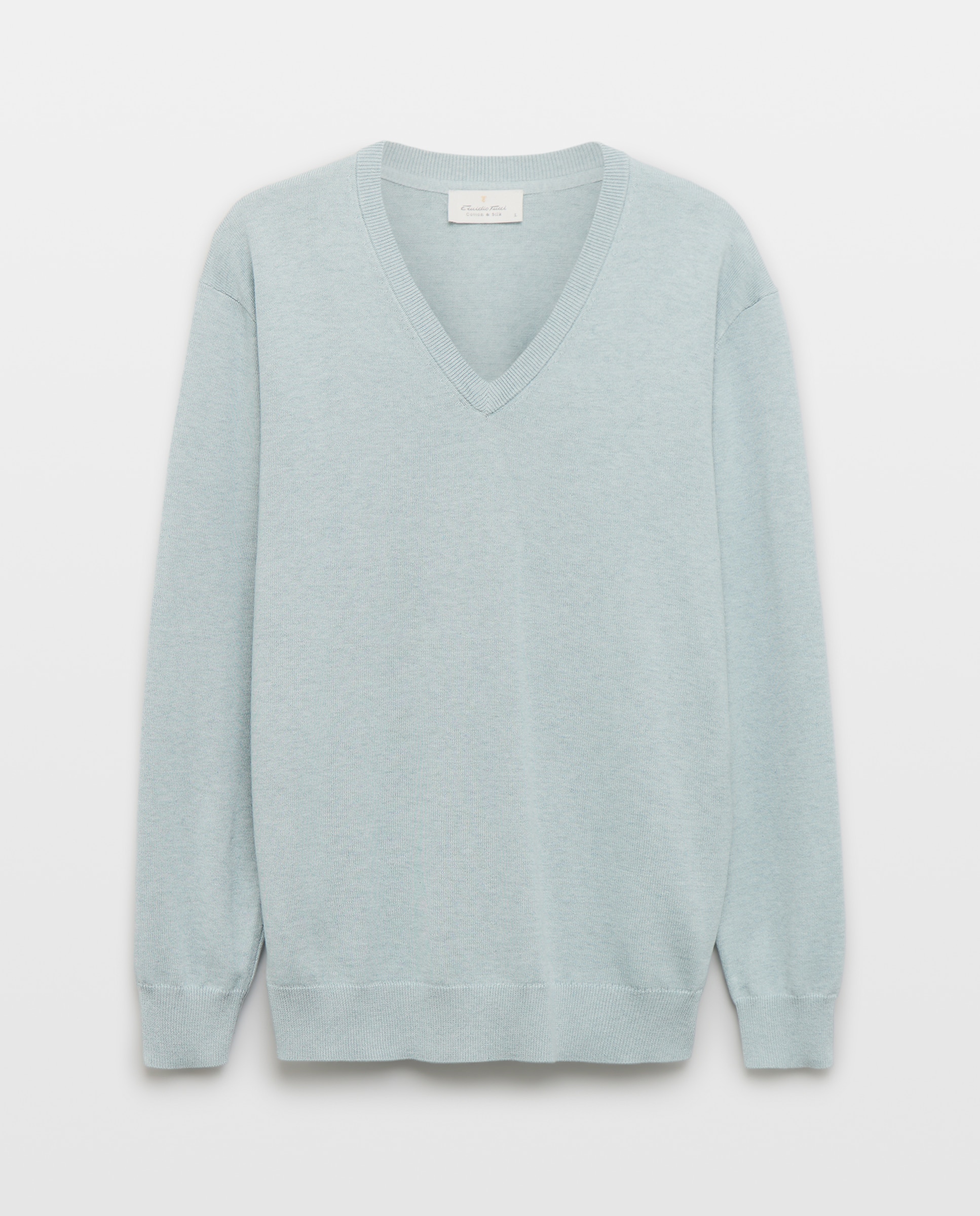 Camisola de Malha Lisa com Decote em Bico e em Algodão e Seda Verde Água-5