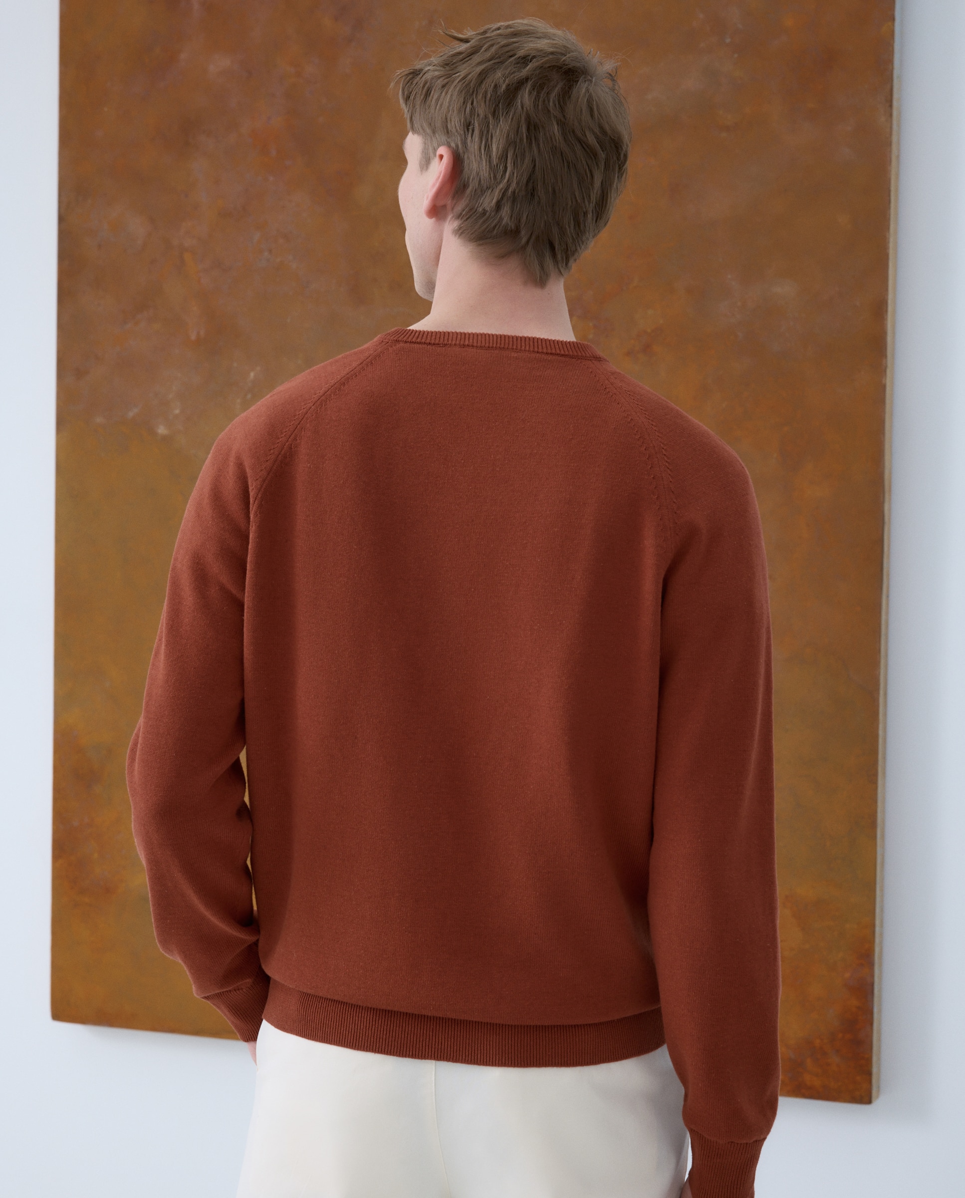 Camisola de Malha Lisa em Algodão e Linho com Gola em Bico Vermelho-3