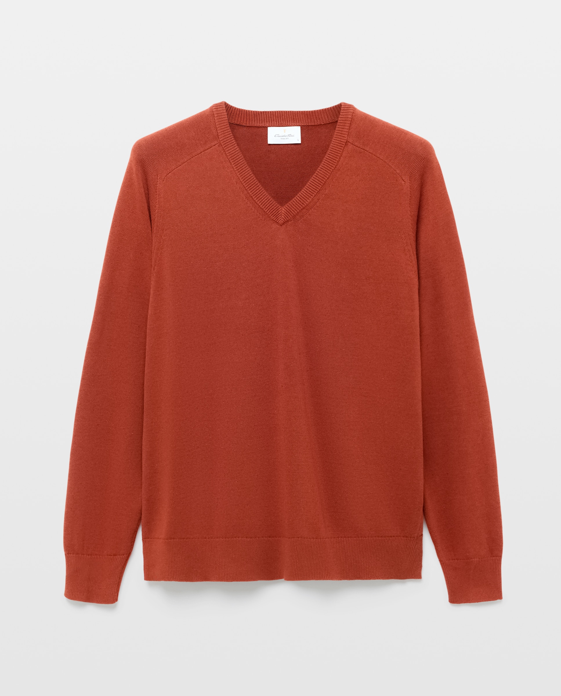 Camisola de Malha Lisa em Algodão e Linho com Gola em Bico Vermelho-4