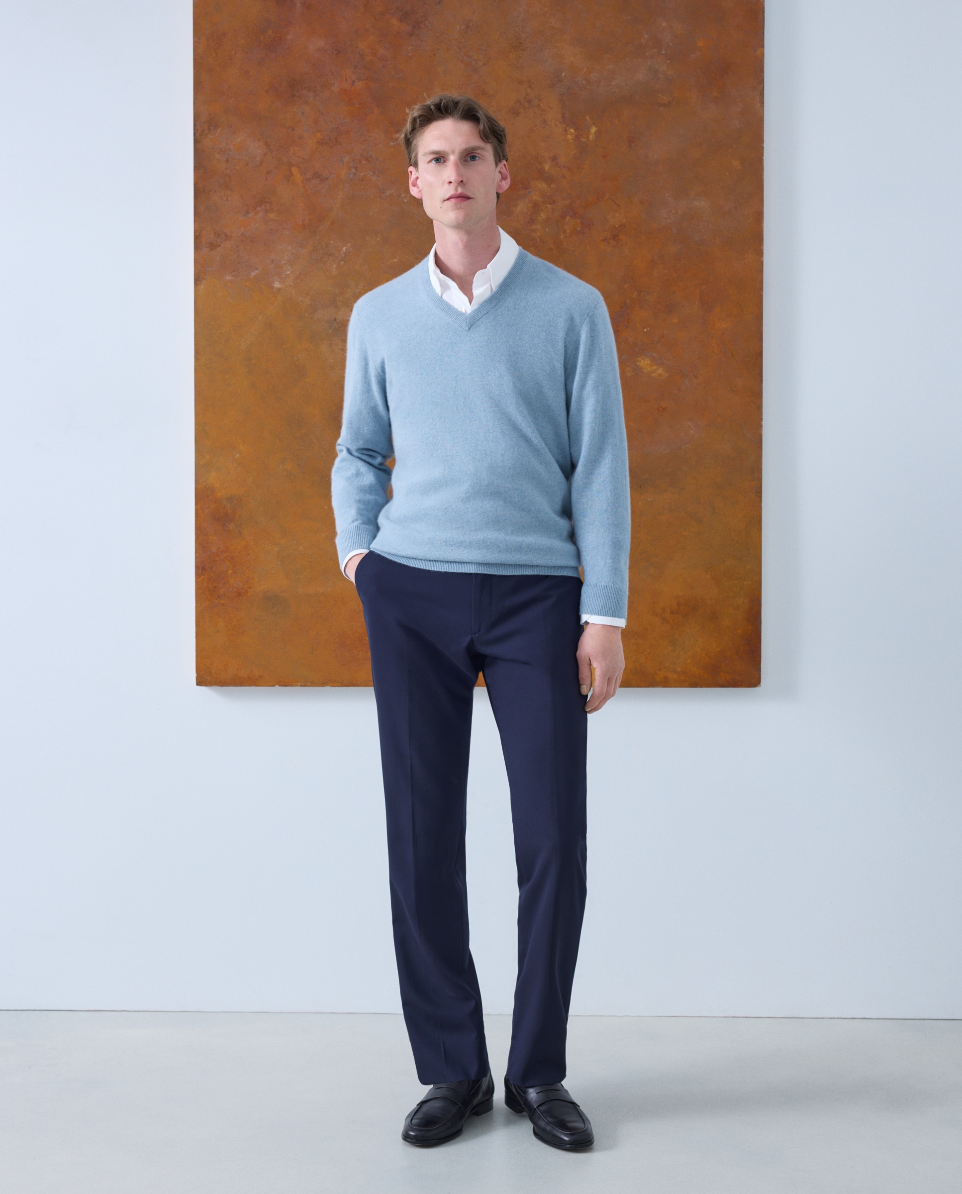 Camisola de Malha com Decote em Bico Liso de Caxemira Azul-claro-1