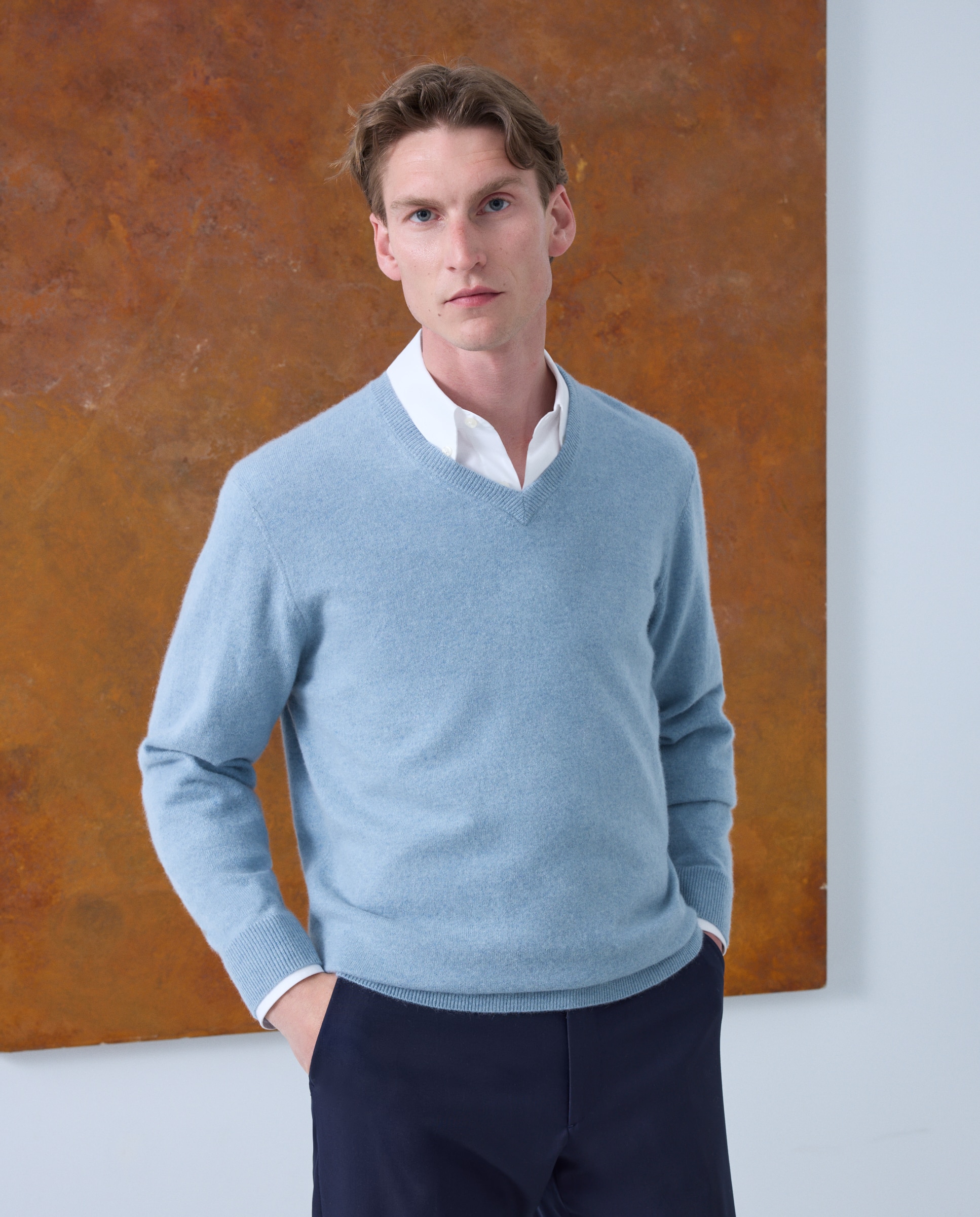 Camisola de Malha com Decote em Bico Liso de Caxemira Azul-claro-2