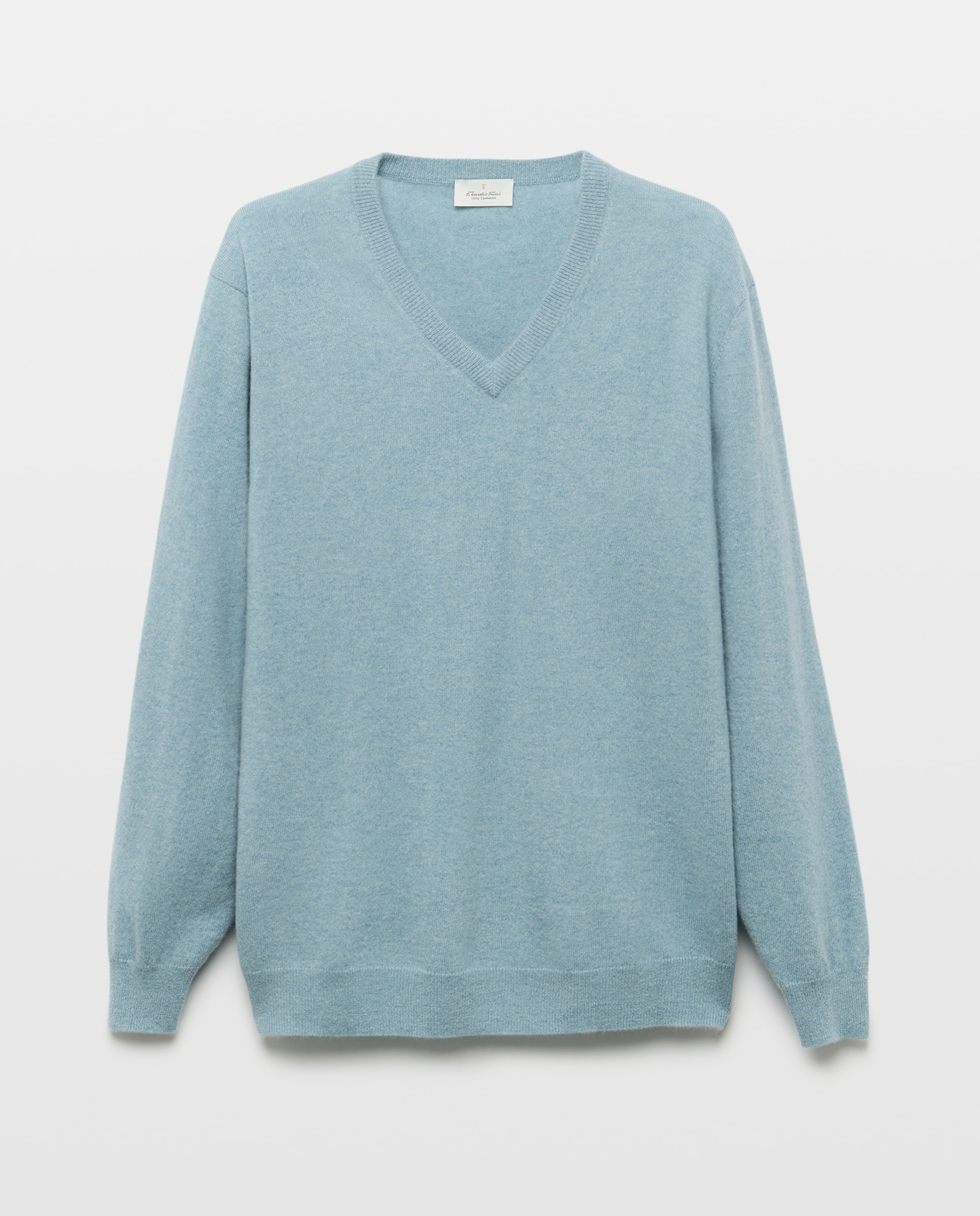 Camisola de Malha com Decote em Bico Liso de Caxemira Azul-claro-4