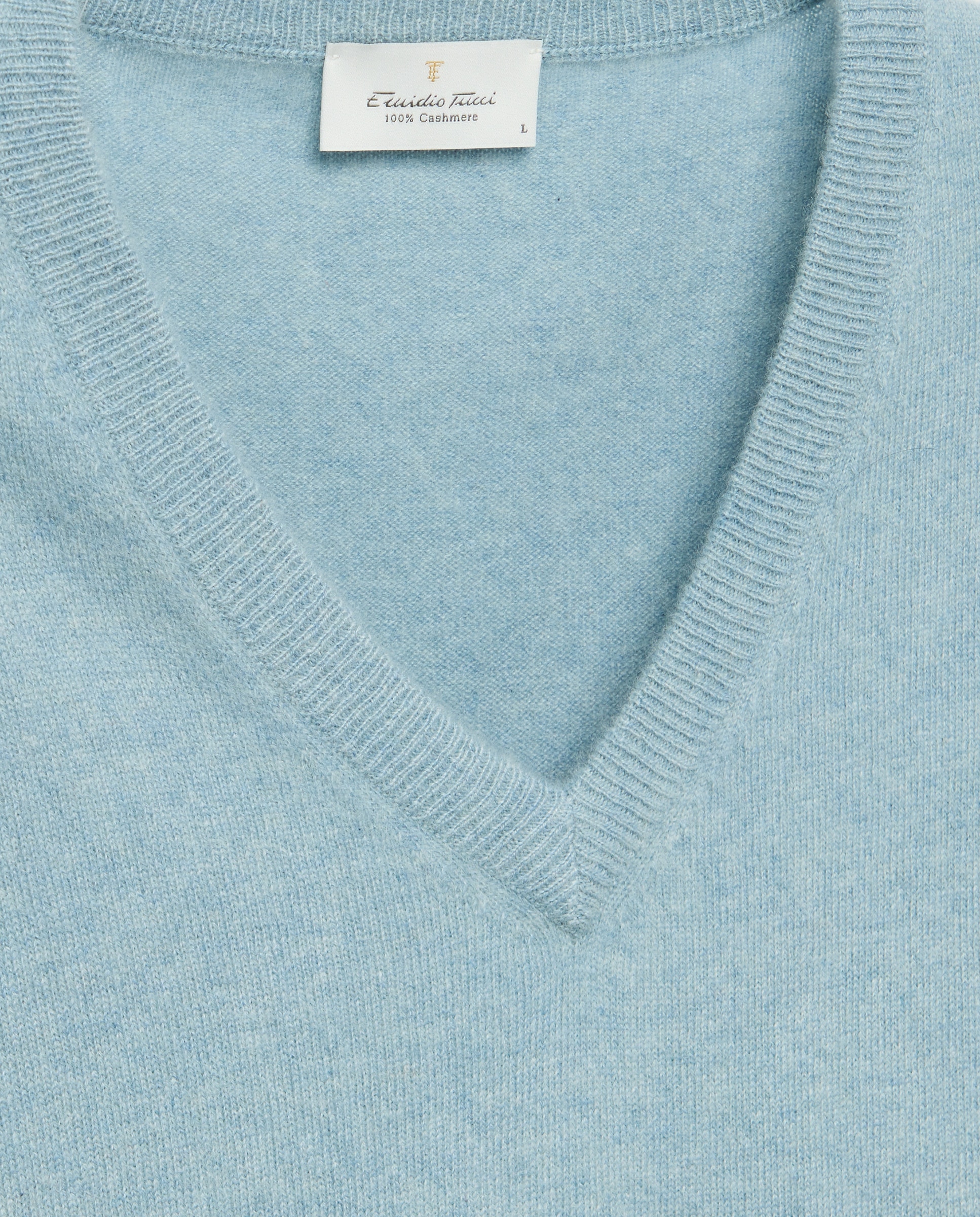 Camisola de Malha com Decote em Bico Liso de Caxemira Azul-claro-5