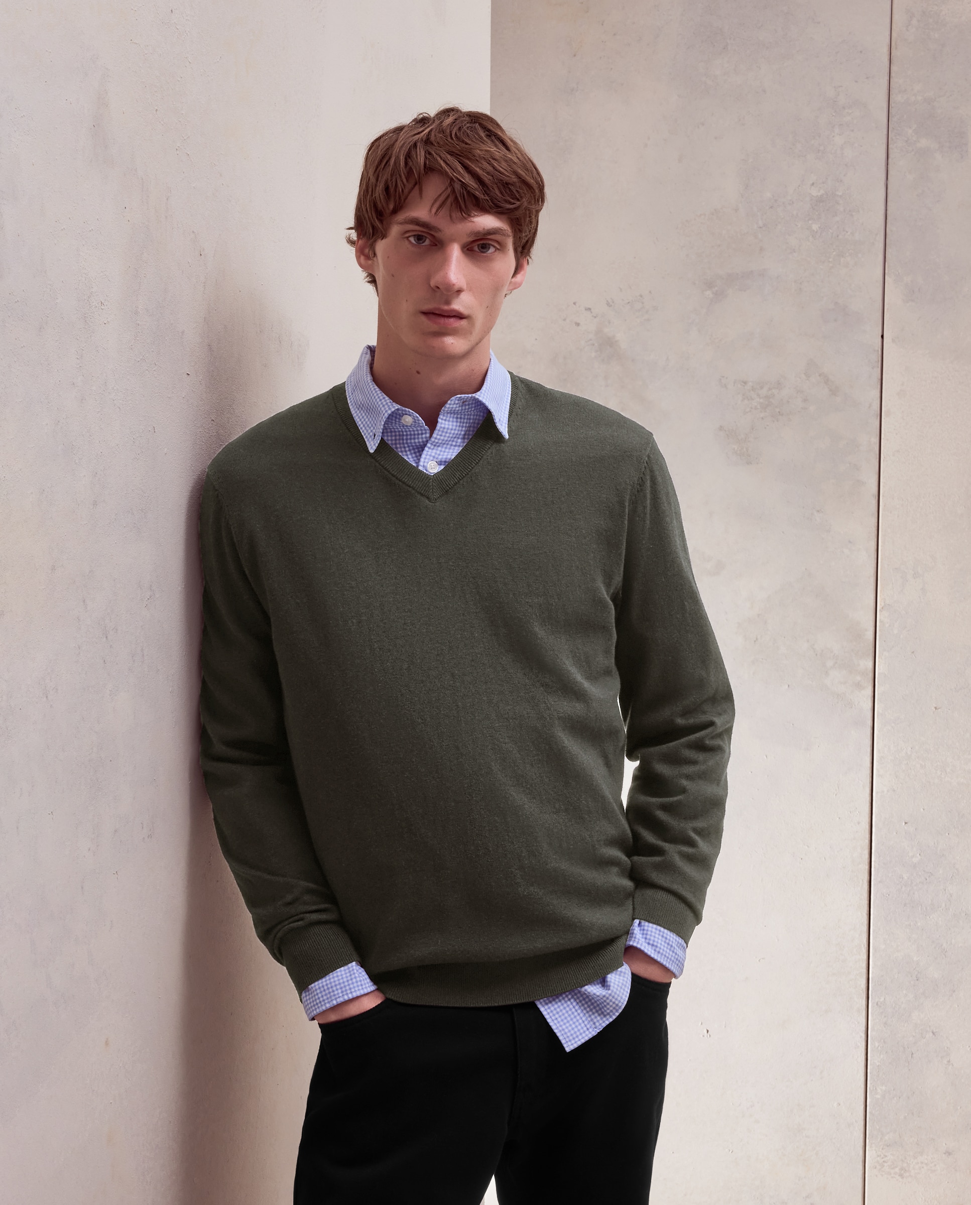 Jersey cuello pico liso algodón - Dustin - cashmere de hombre - Azul marino Azul marino-1