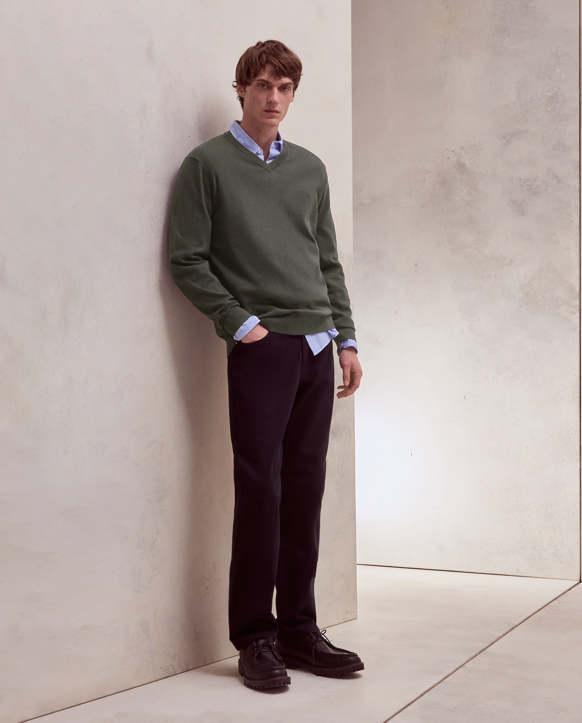 Jersey cuello pico liso algodón - Dustin - cashmere de hombre - Azul marino Azul marino-2