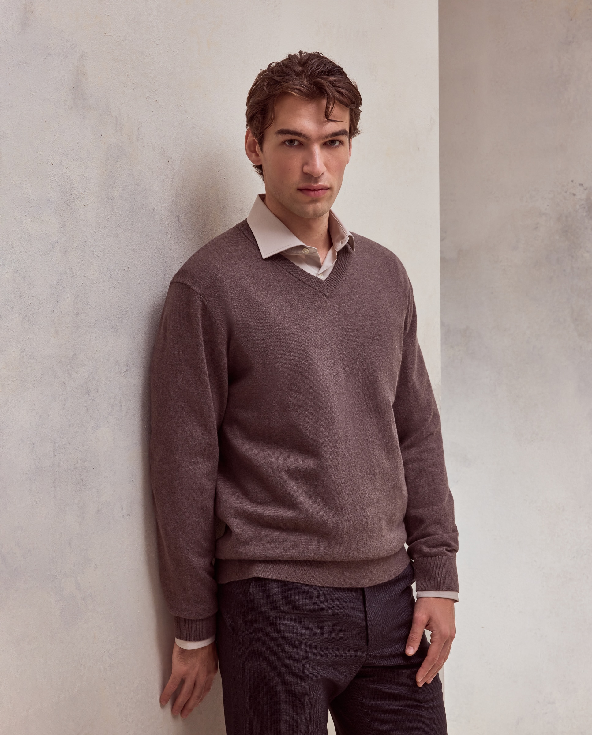 Jersey cuello pico liso algodón - Dustin - cashmere de hombre - Marrón claro Marrón claro-1