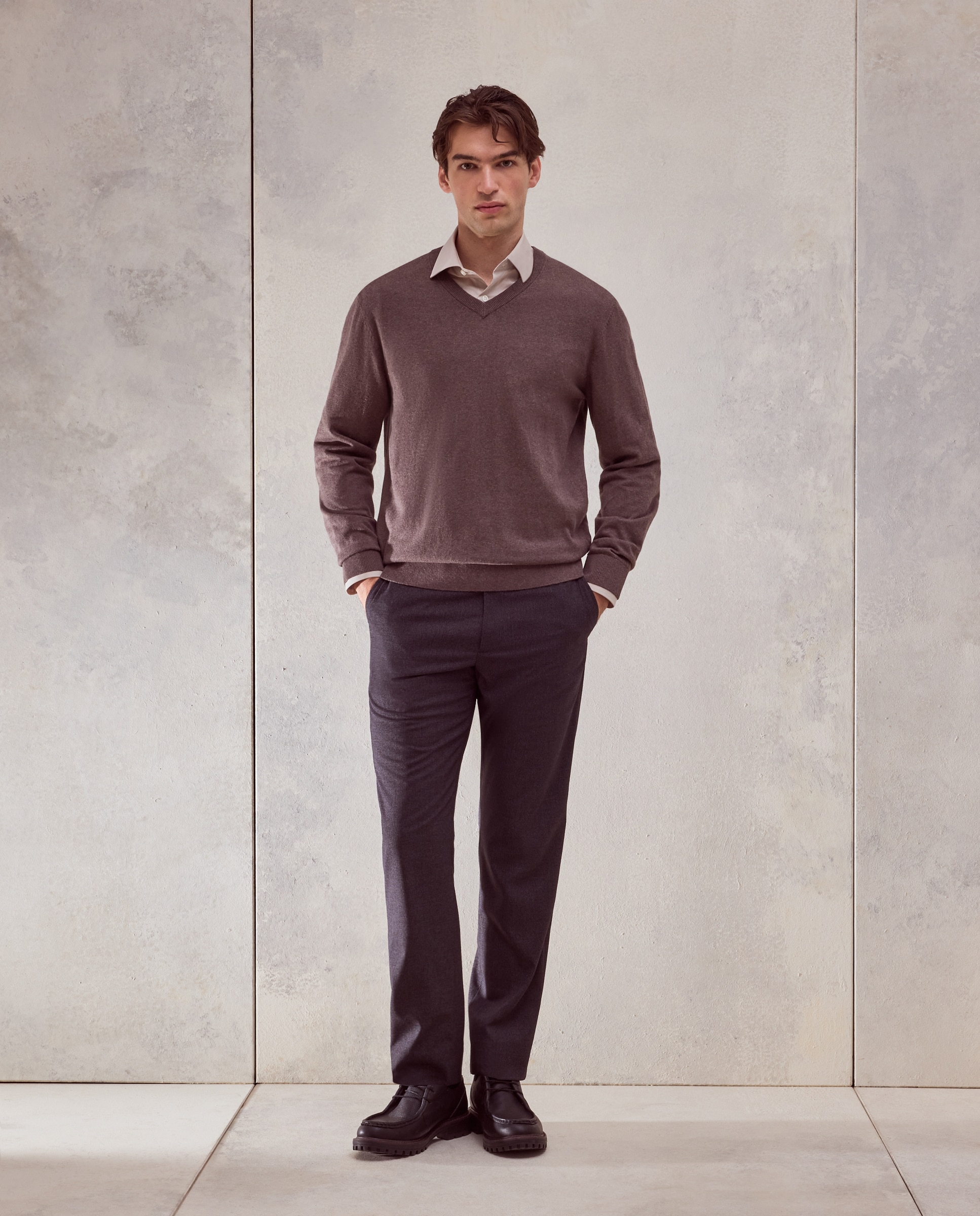 Jersey cuello pico liso algodón - Dustin - cashmere de hombre - Marrón claro Marrón claro-2