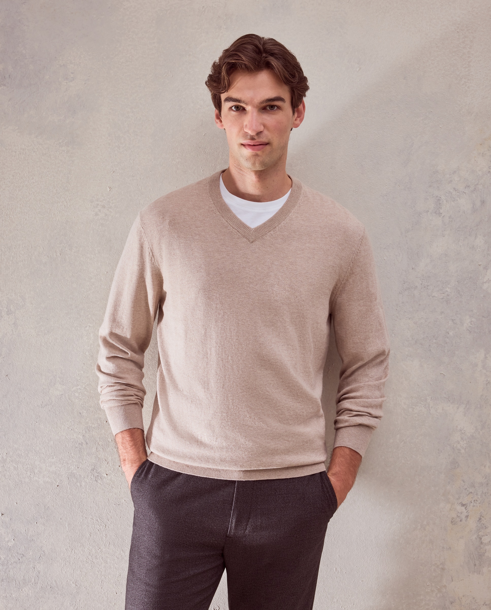 Jersey cuello pico liso algodón - Dustin - cashmere de hombre - Beige Beige-2