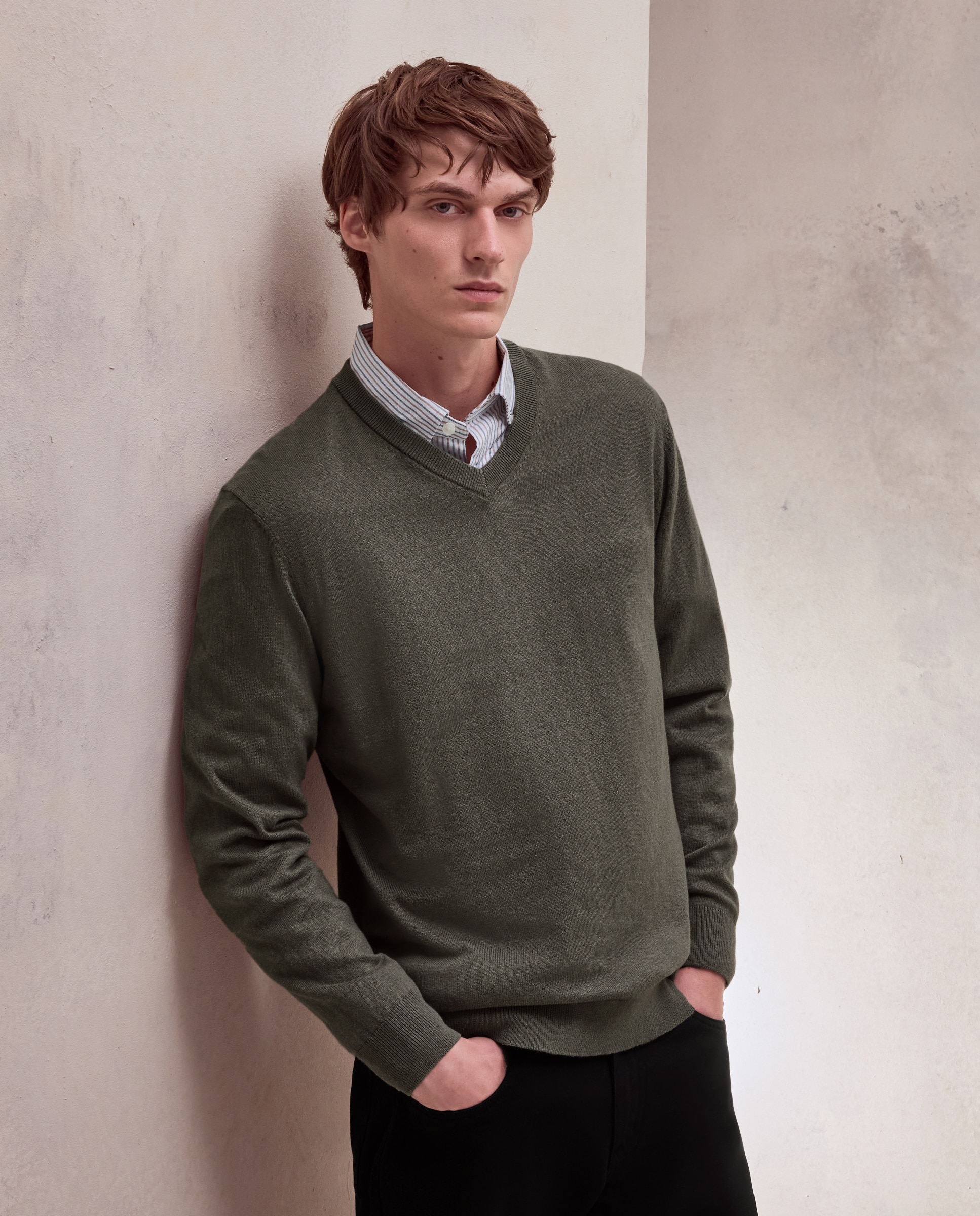 Jersey cuello pico liso algodón - Dustin - cashmere de hombre - Verde Verde-1