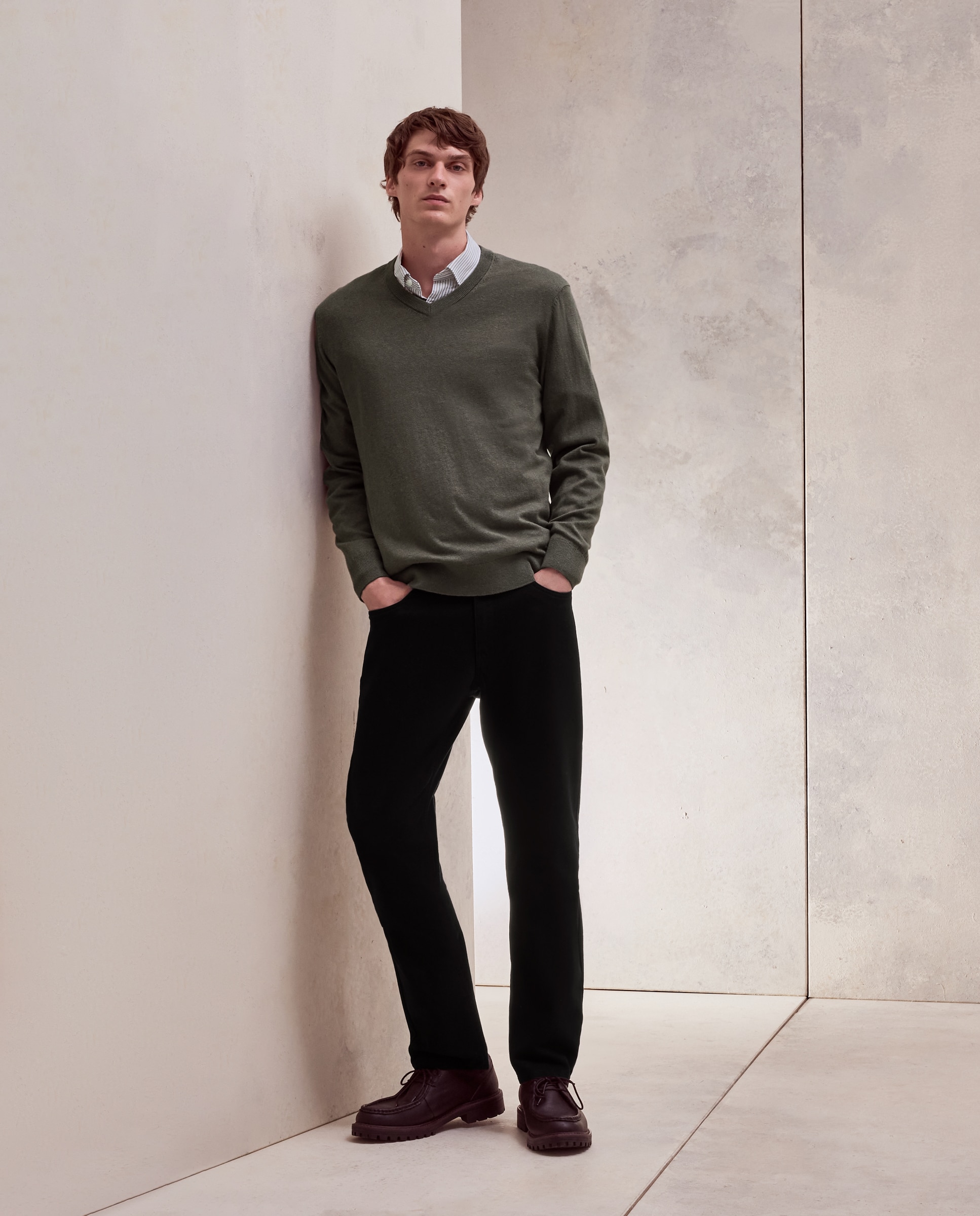 Jersey cuello pico liso algodón - Dustin - cashmere de hombre - Verde Verde-2