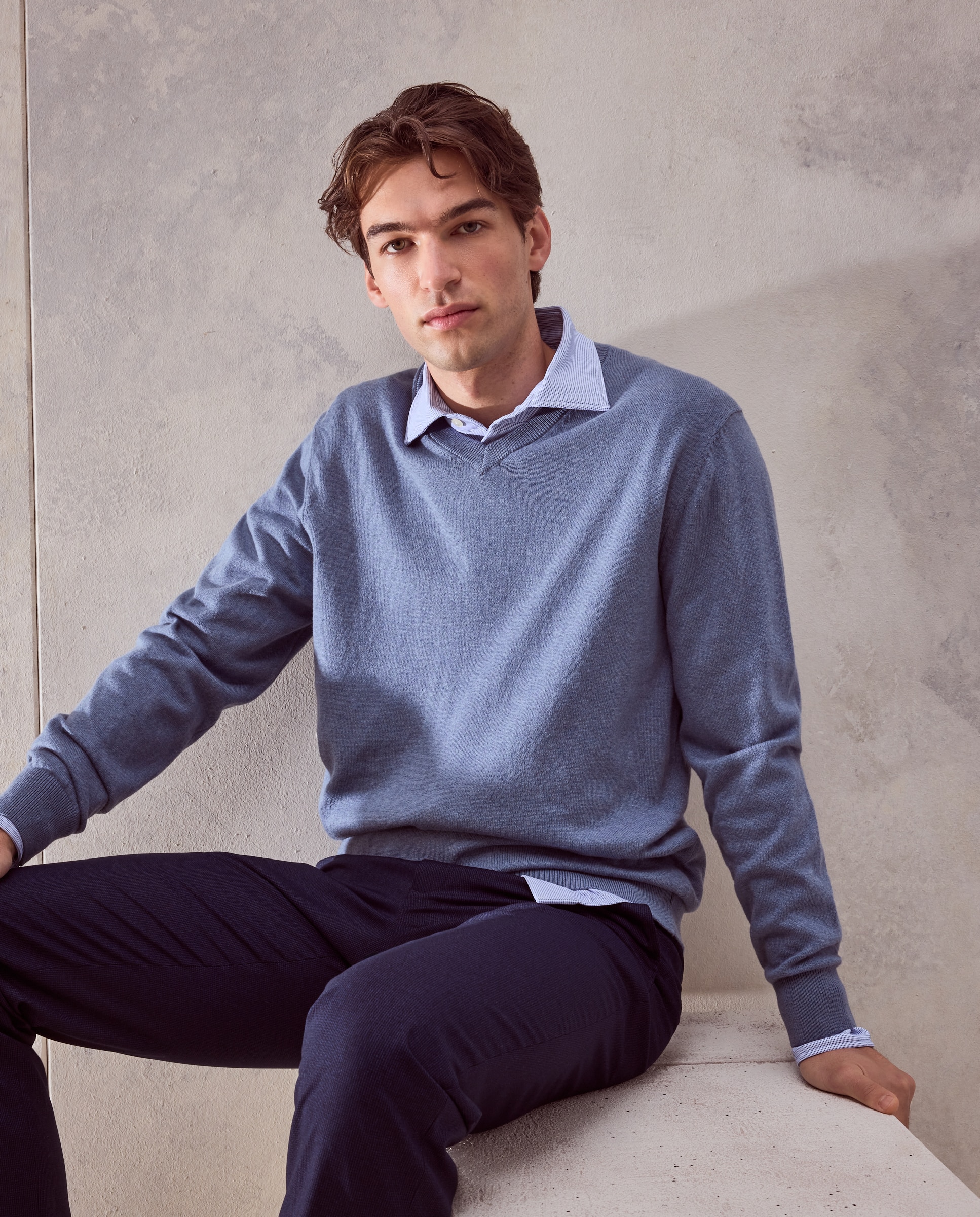 Jersey cuello pico liso algodón - Dustin - cashmere de hombre - Azul Azul-1