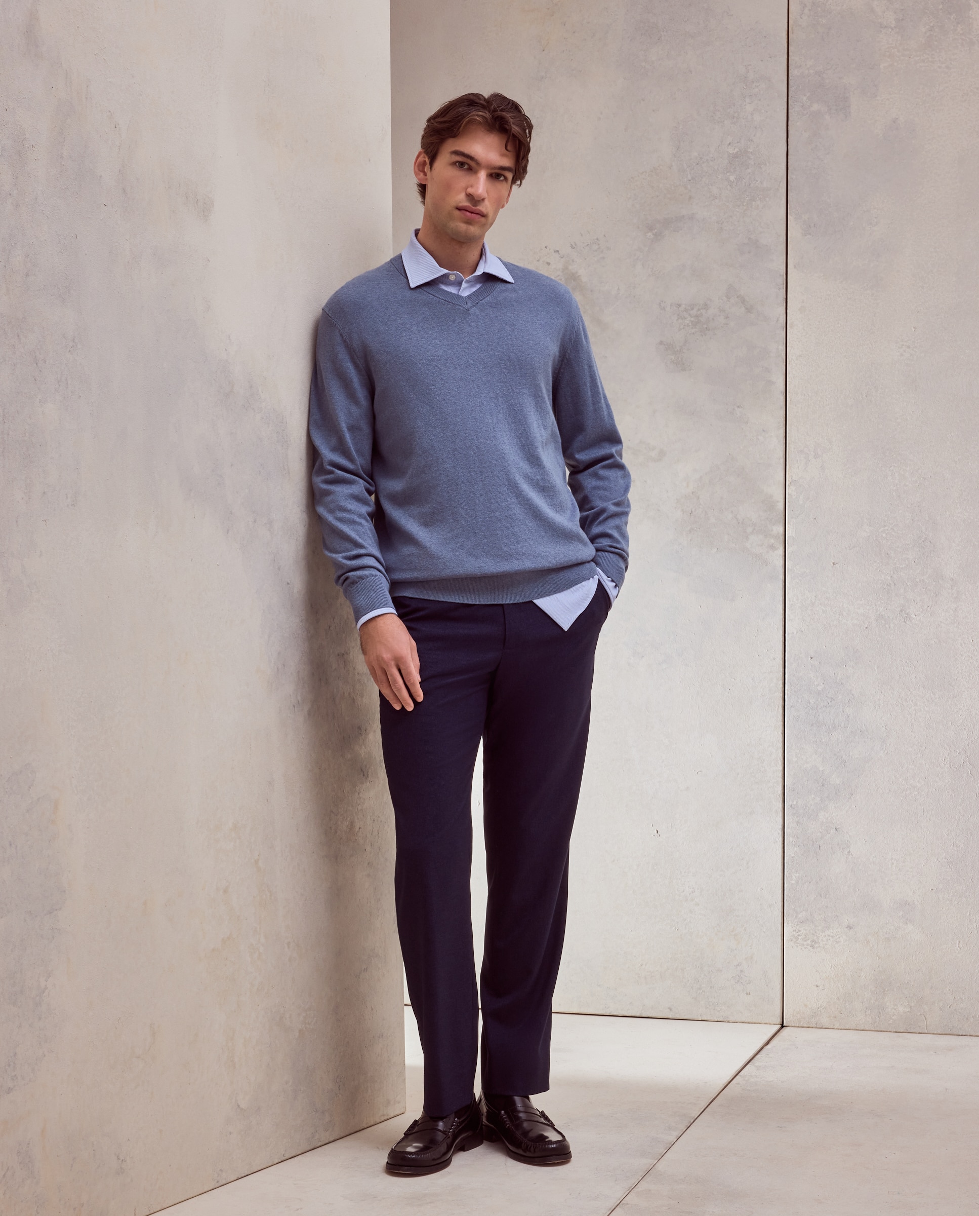 Jersey cuello pico liso algodón - Dustin - cashmere de hombre - Azul Azul-2