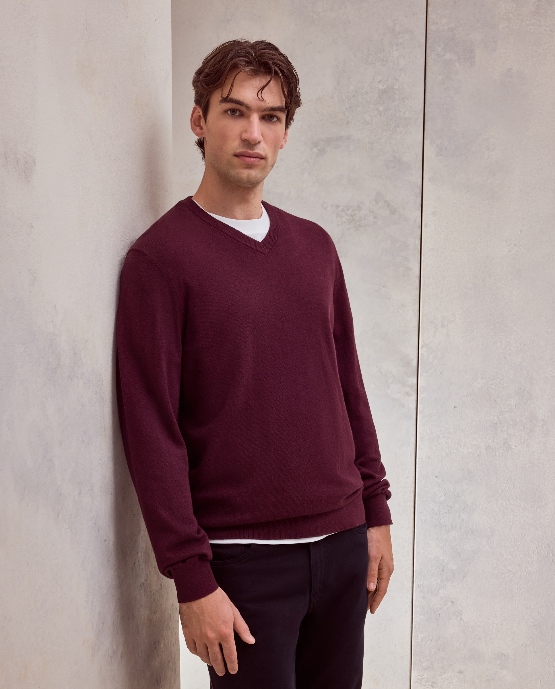 Jersey cuello pico liso algodón - Dustin - cashmere de hombre - Burdeos Burdeos-2