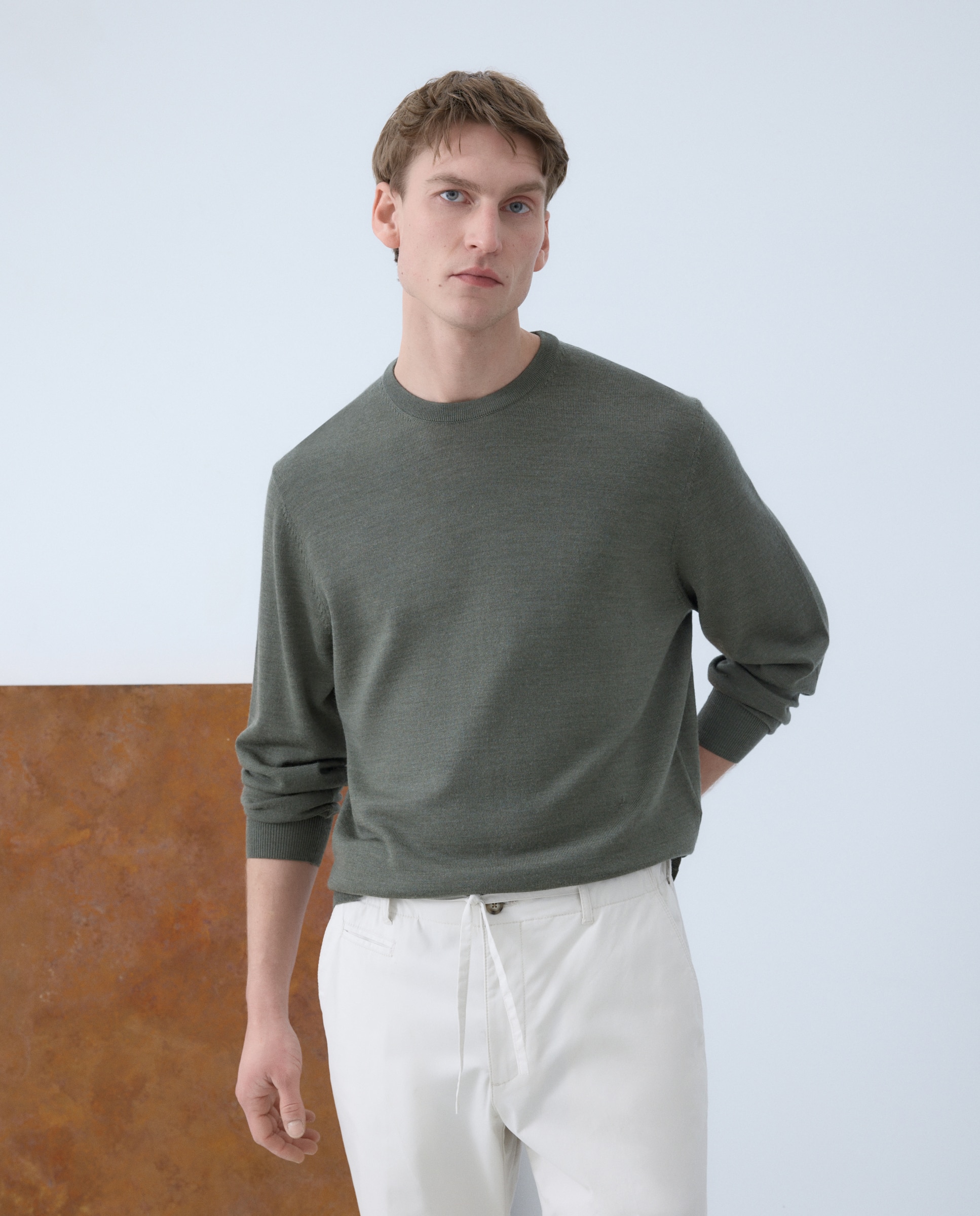 Jersey de hombre cuello redondo liso 100% lana merino - Emidio Tucci - Kaki Kaki-1