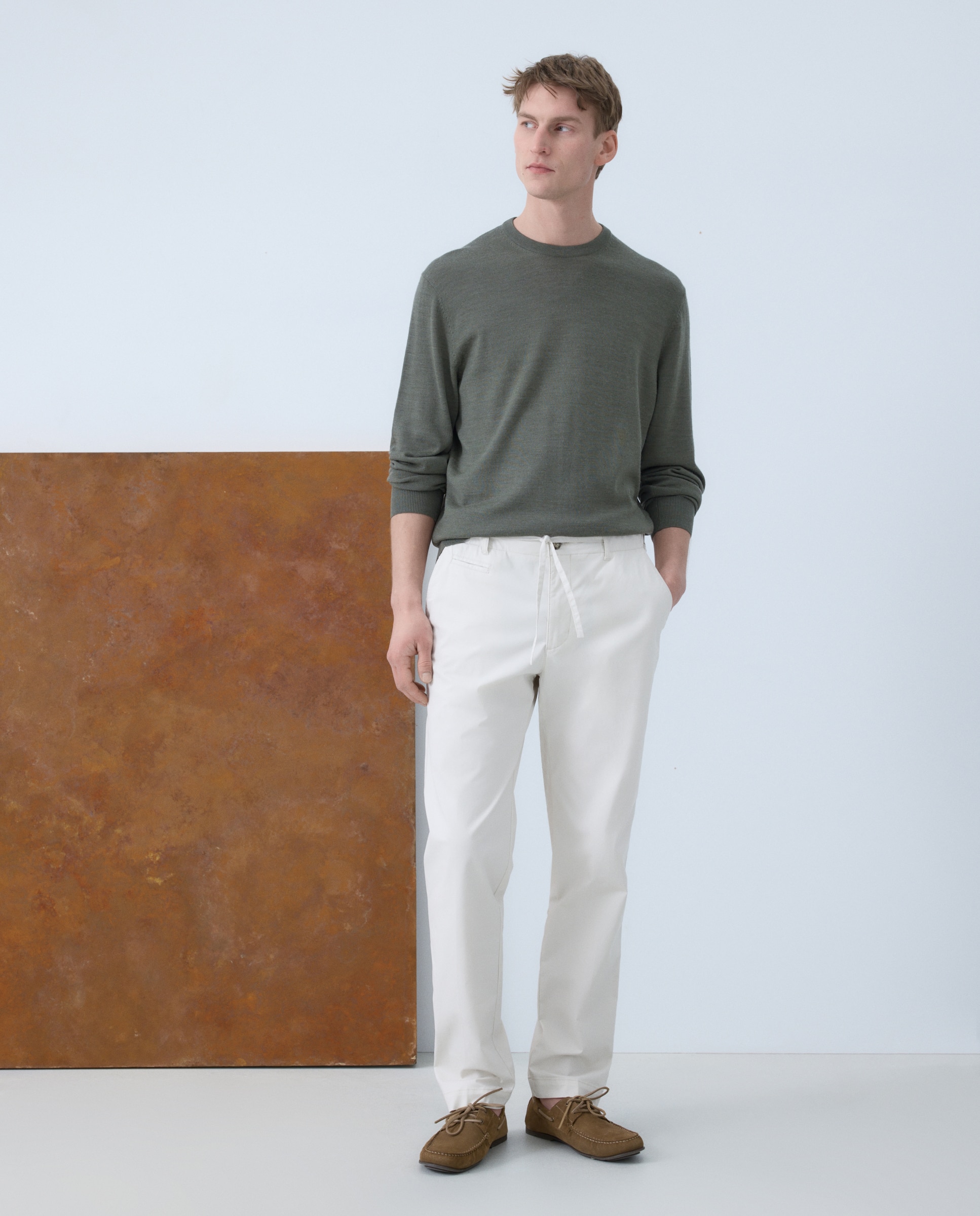Jersey de hombre cuello redondo liso 100% lana merino - Emidio Tucci - Kaki Kaki-2