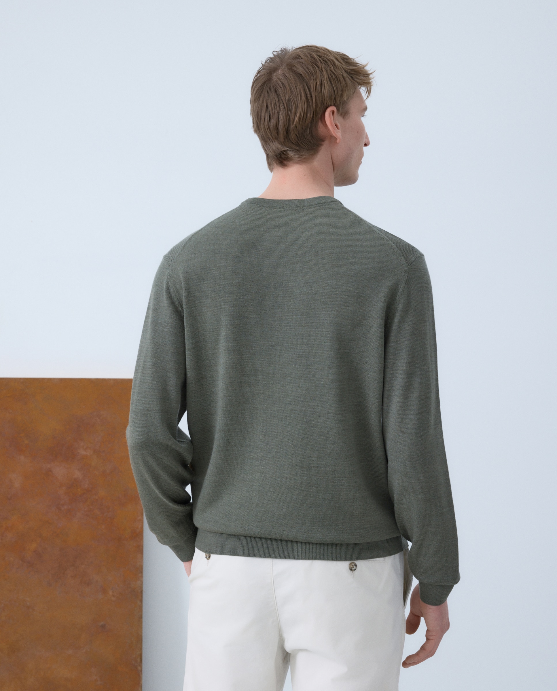 Jersey de hombre cuello redondo liso 100% lana merino - Emidio Tucci - Kaki Kaki-3