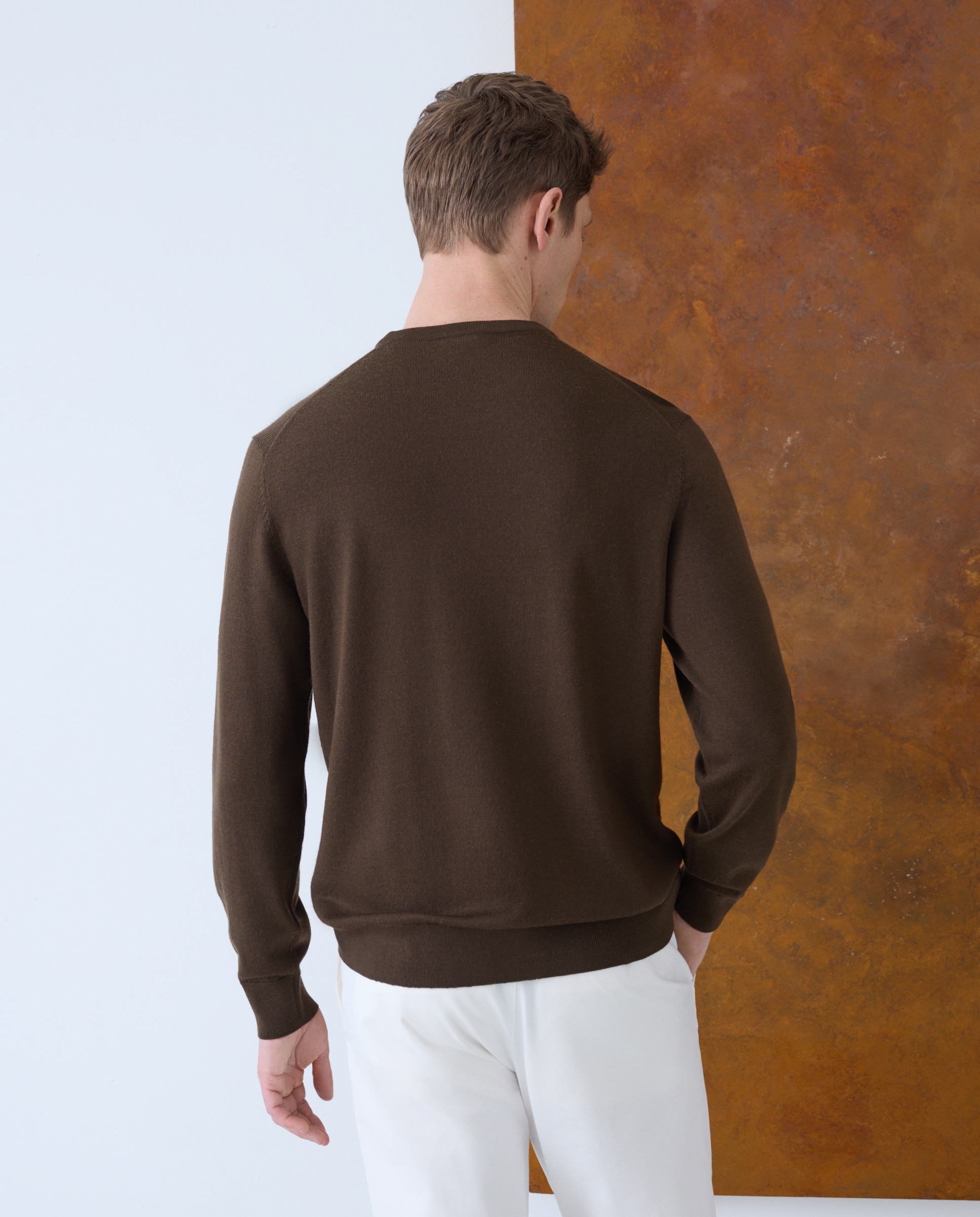 Camisola de Malha Lisa 100% Lã Merino com Decote Redondo Castanho-escuro-3