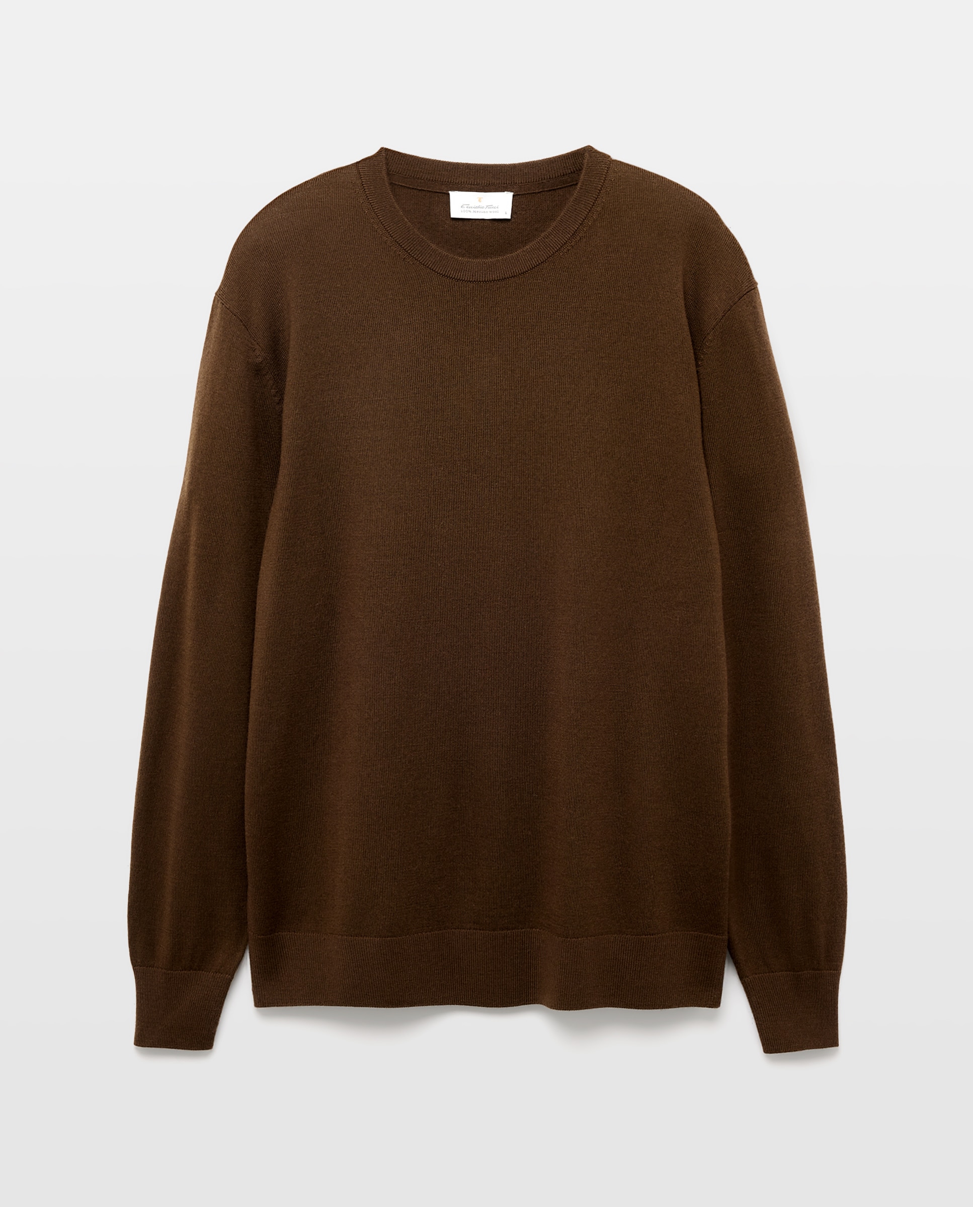 Camisola de Malha Lisa 100% Lã Merino com Decote Redondo Castanho-escuro-4