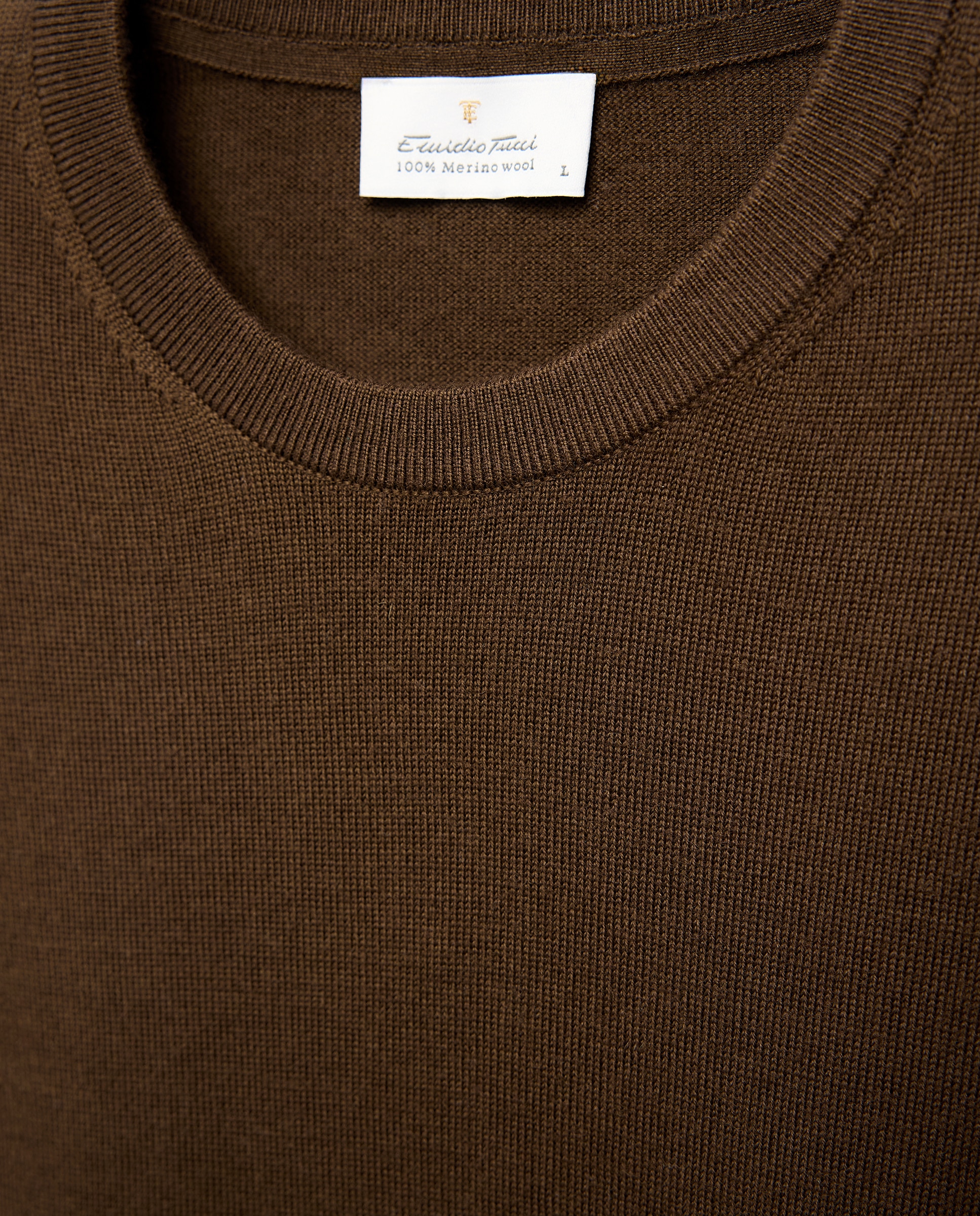 Camisola de Malha Lisa 100% Lã Merino com Decote Redondo Castanho-escuro-5