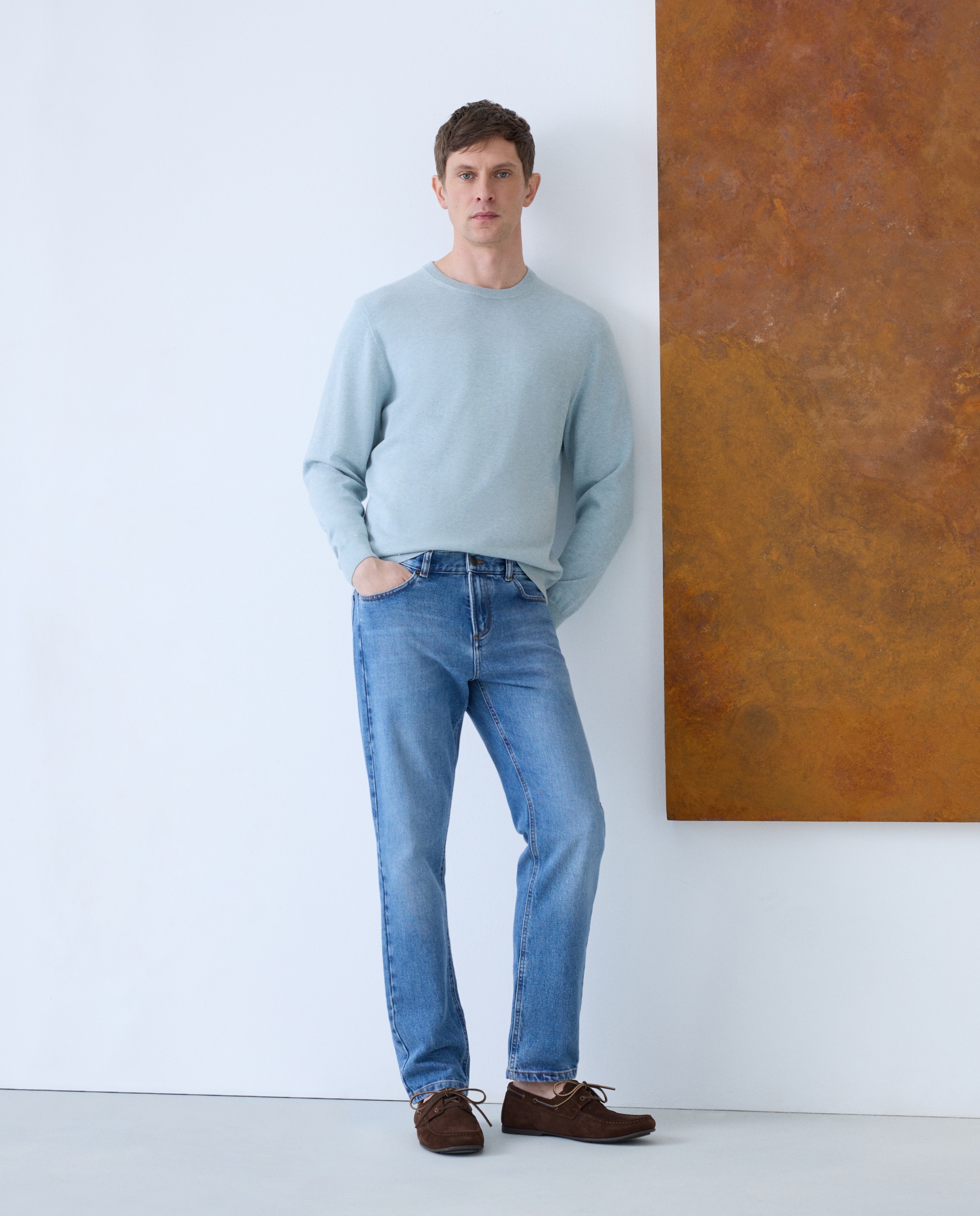 Camisola de Malha Lisa com Decote Redondo e em Algodão e Seda Verde Água-1